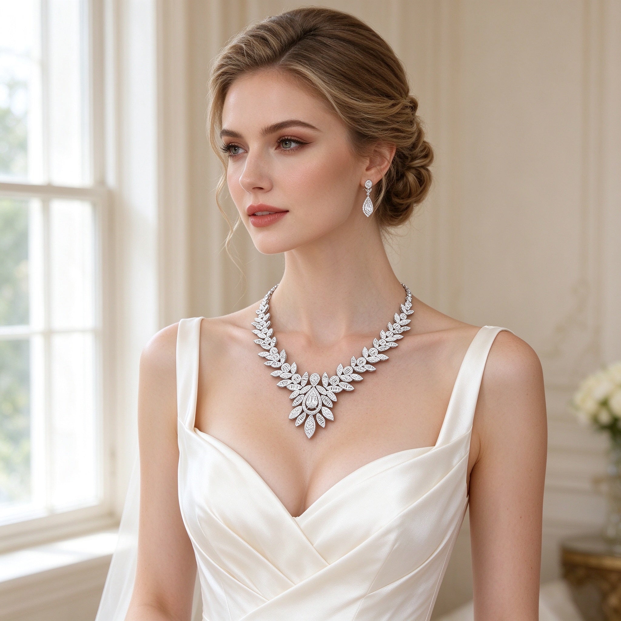 Western bride wearing the Ash laurel statement necklace in an ivory silk gown