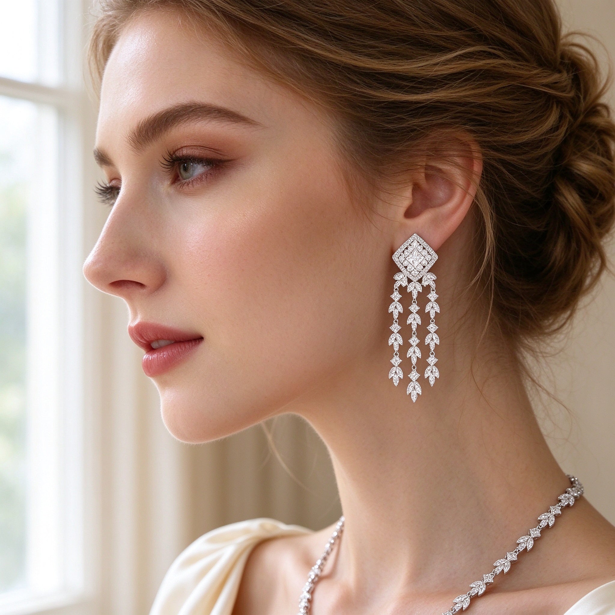 Close-up side profile of a bride wearing The Aster silver CZ tassel drop earrings