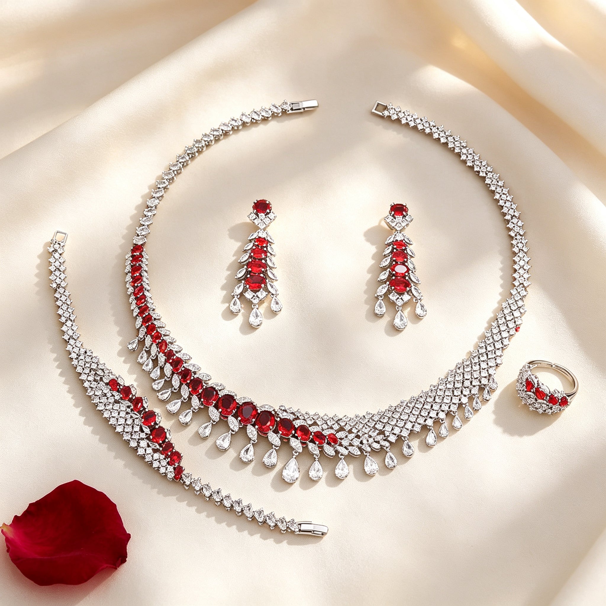 Flat lay of The Astra Wedding Suite collar, earrings, bracelet and ring on ivory linen