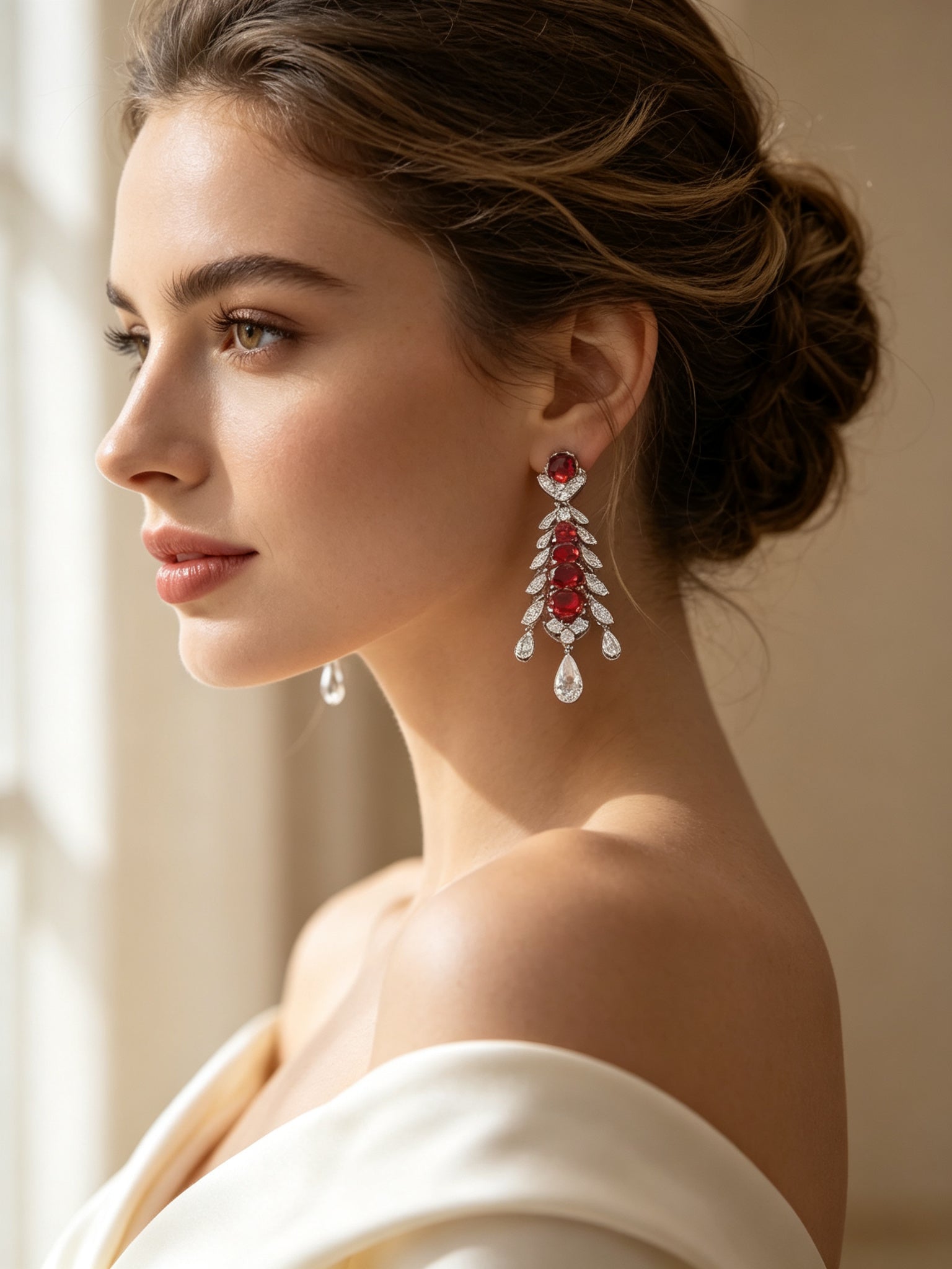 Side profile close-up of bride wearing The Astra cascading chandelier earring