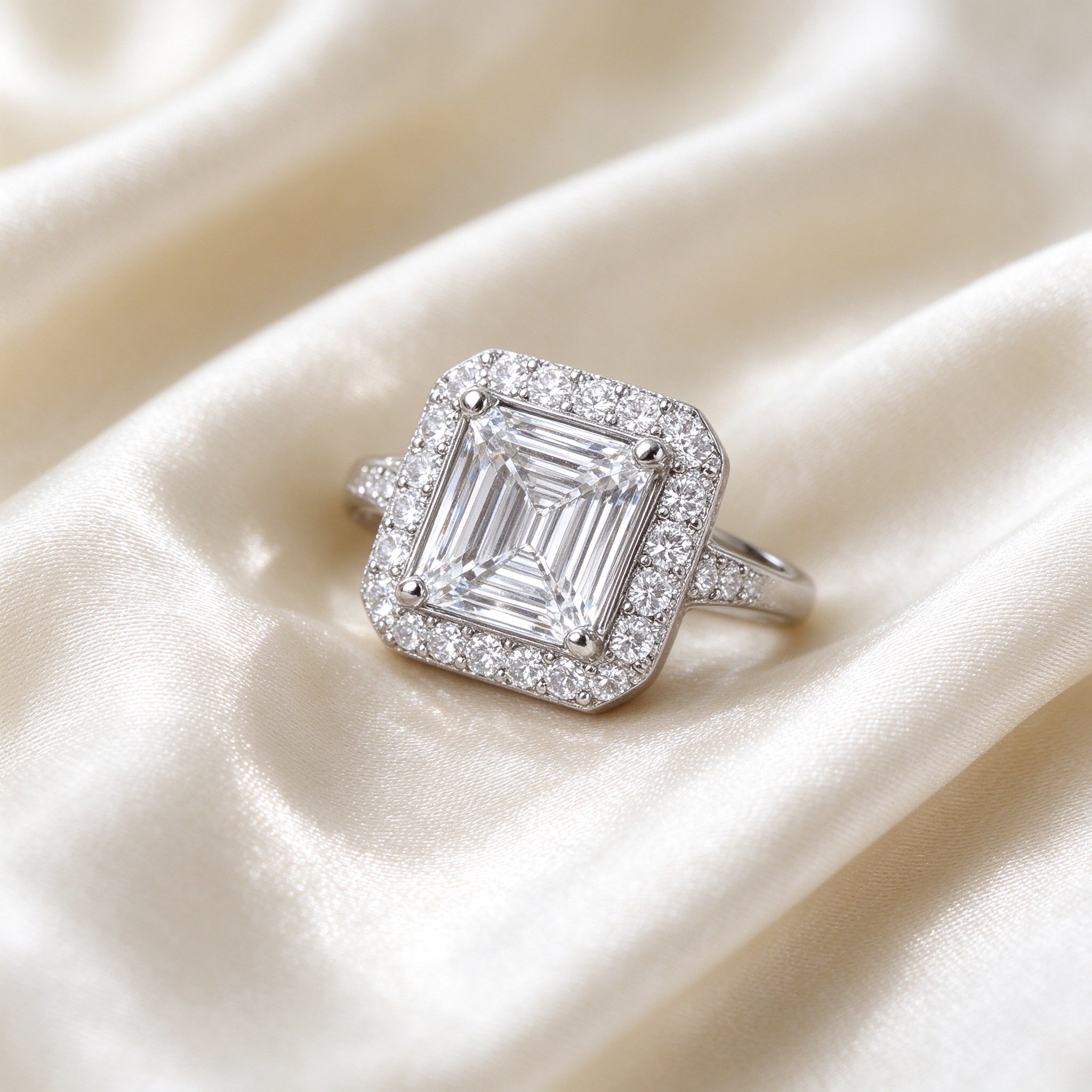 Macro detail of The Aurora Wedding Suite emerald-cut cubic-zirconia stone with pavé diamond halo on ivory silk