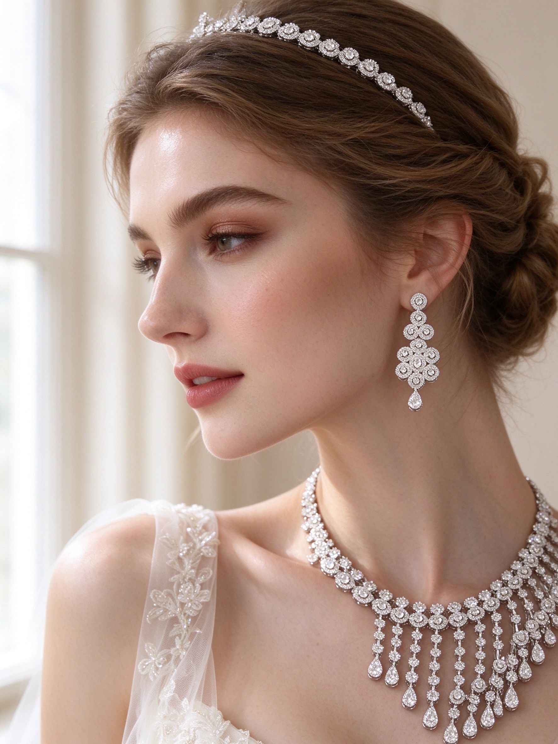 The Avery Wedding Suite – side close-up of the clustered pavé halo drop earring at the jawline
