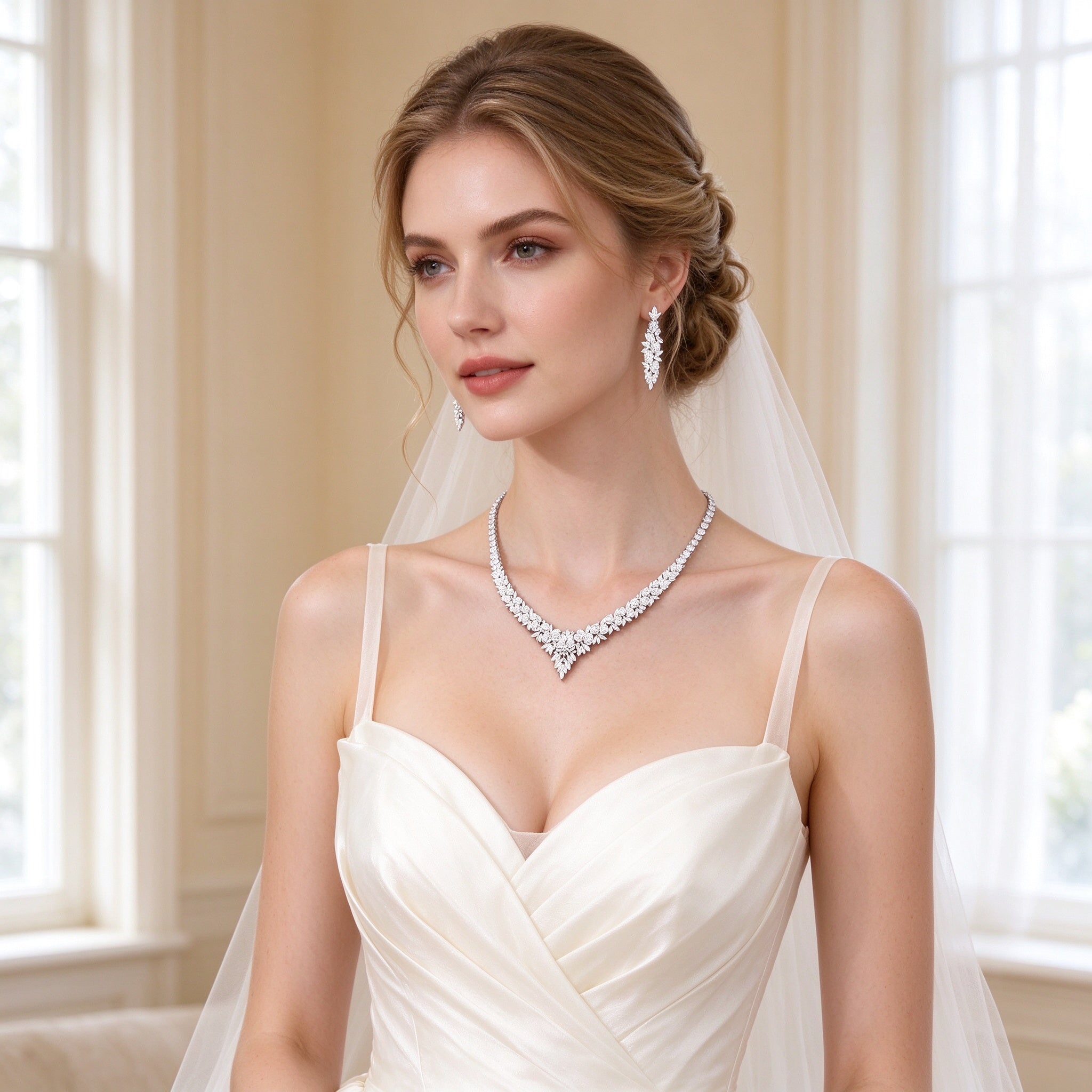 Bride in an ivory satin gown and veil wearing The Blair graduated marquise CZ necklace and linear drop earrings