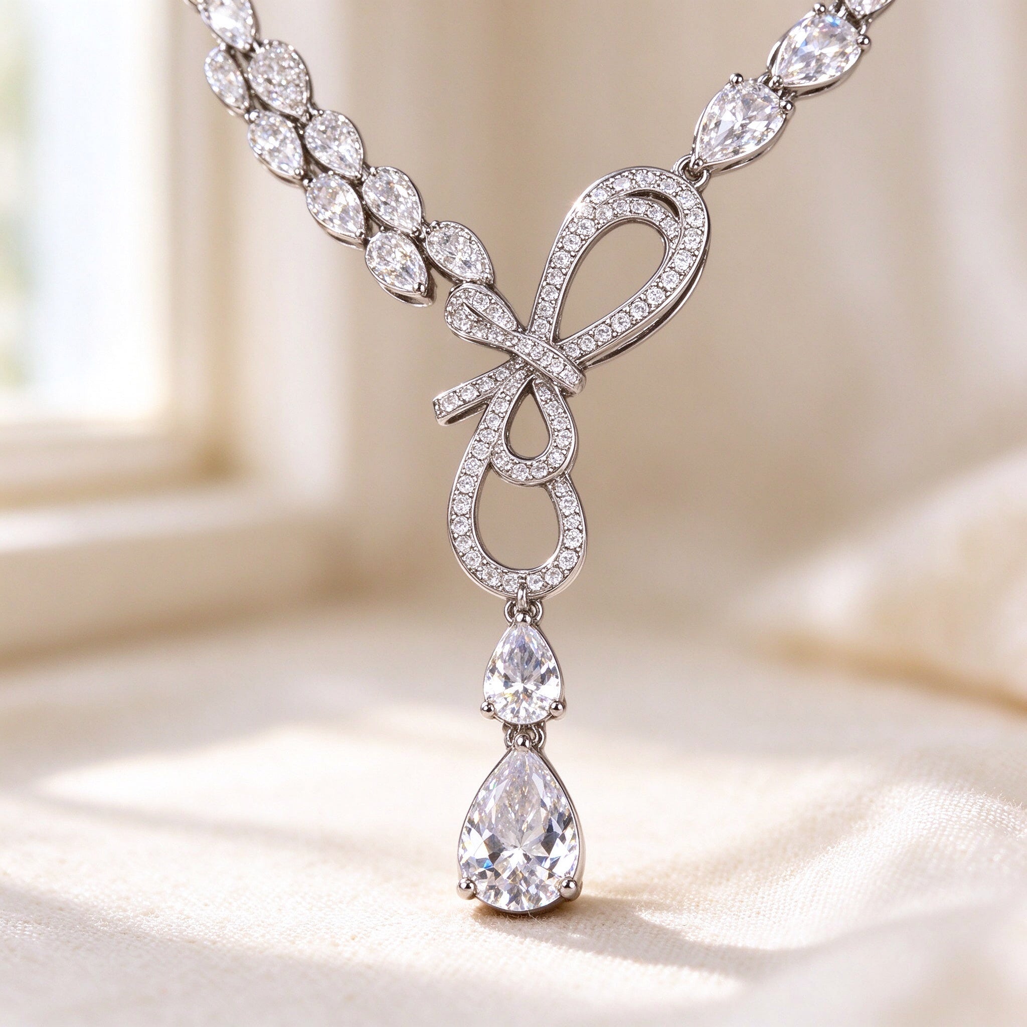 The Cameron Bridal Set – macro of the intertwined pavé CZ ribbon-loop bow with graduating pear drops