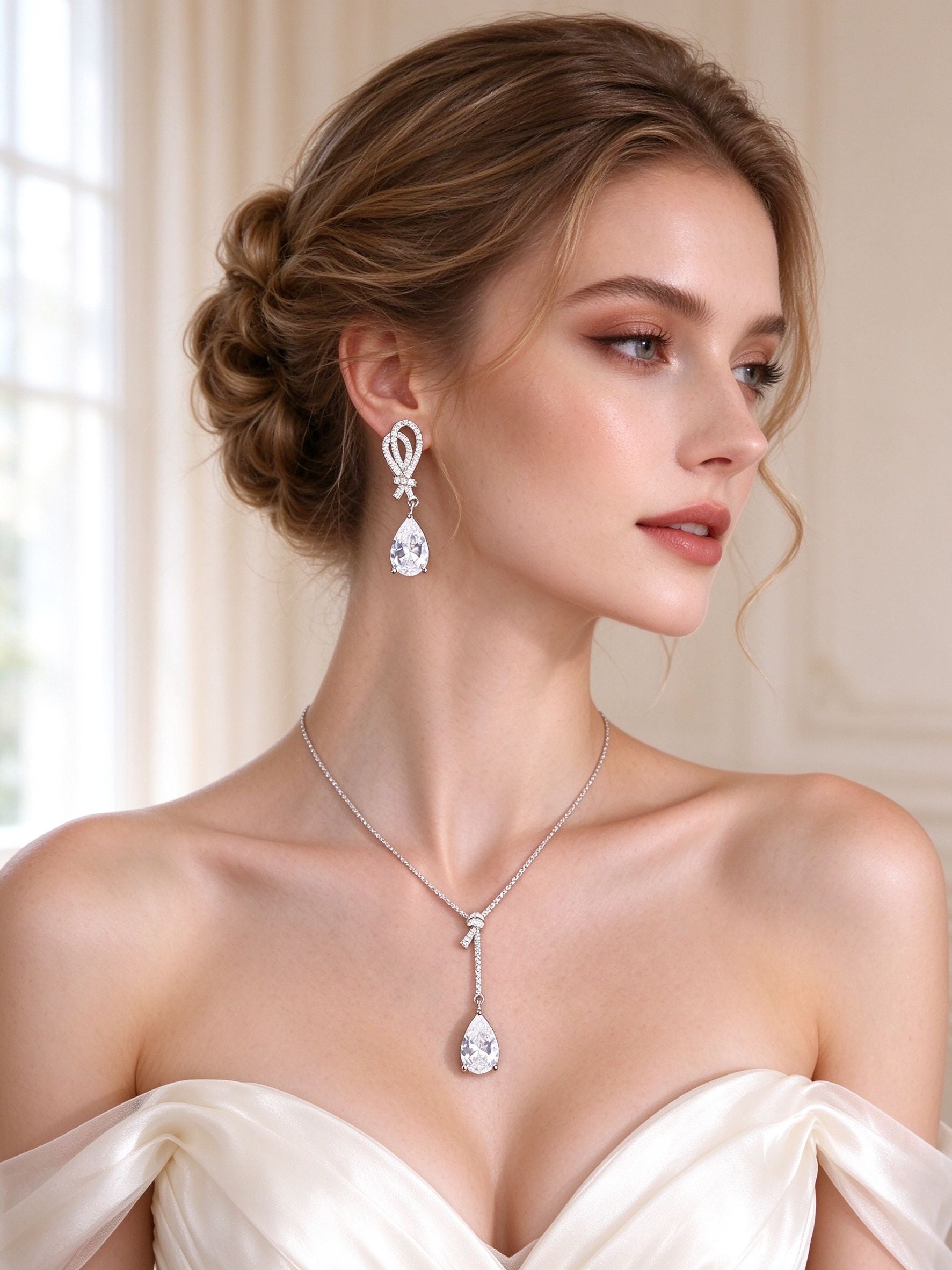 The Cameron Bridal Set – side close-up of the pavé ribbon-loop pear-drop earring at the jawline
