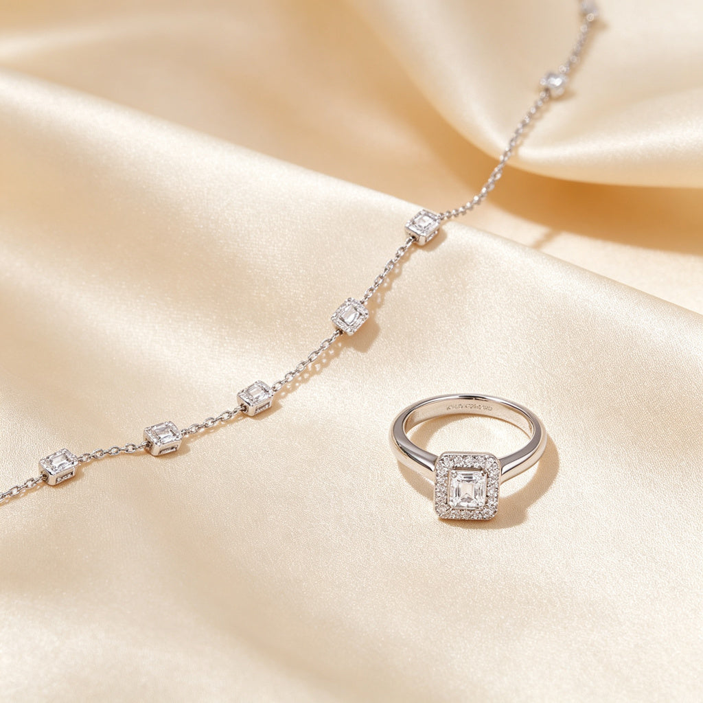Celeste tennis bracelet and square CZ ring
