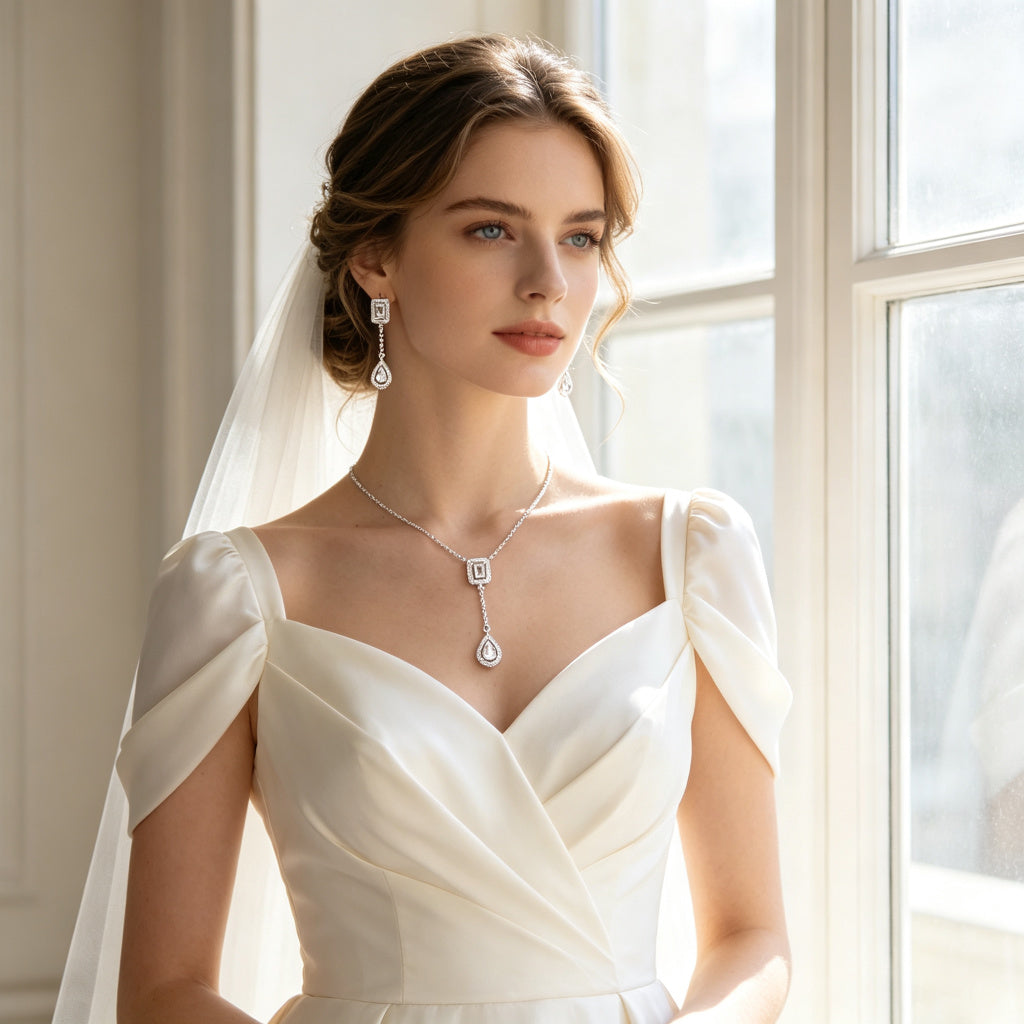 European bride wearing silver CZ Y-drop necklace by window