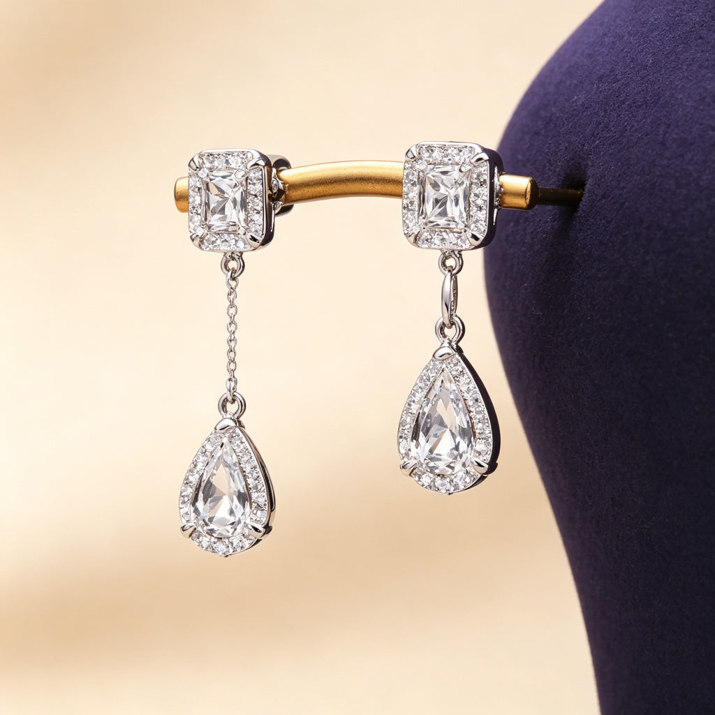 Celeste earrings - square CZ stud with pear drop