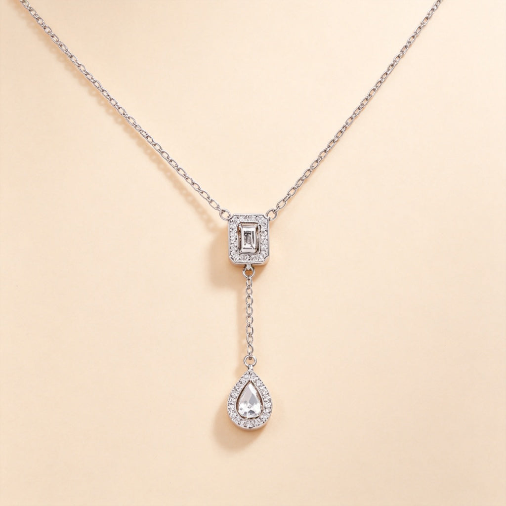 Celeste necklace detail - square CZ and pear drop