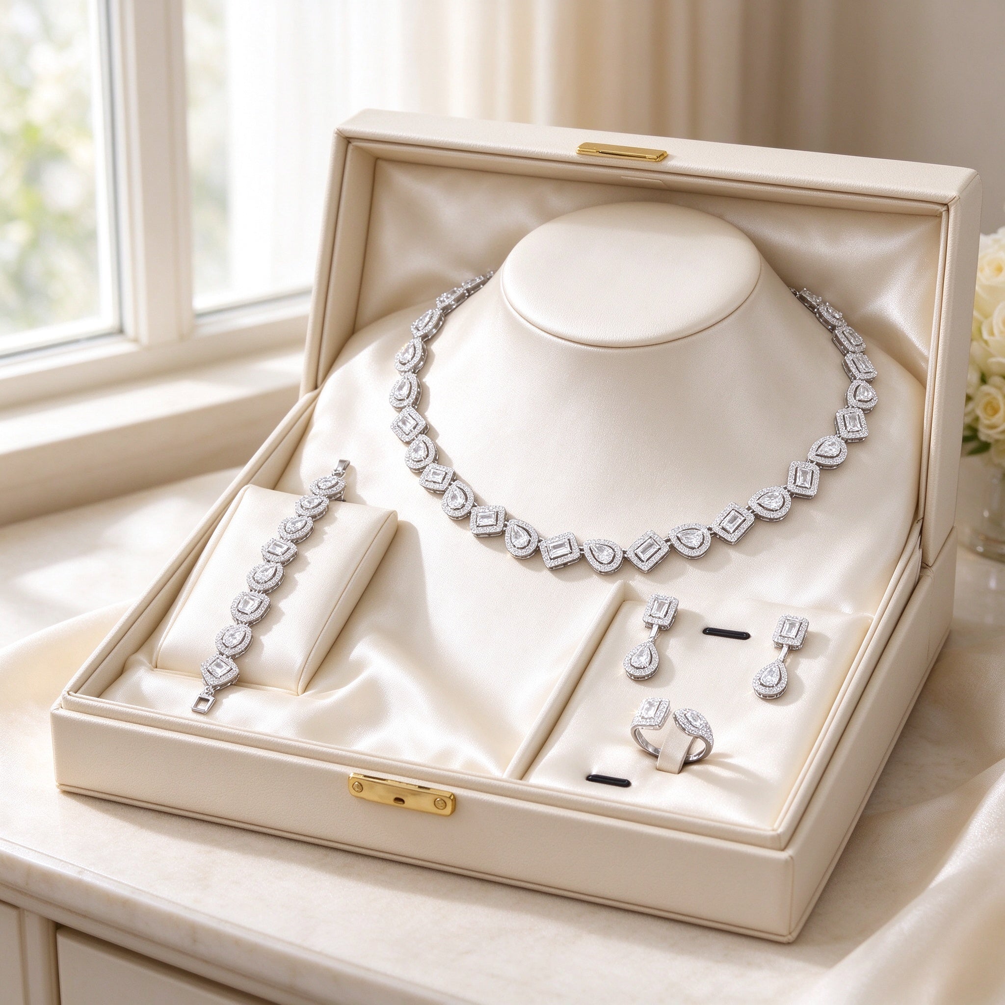 The Celestia Wedding Suite presented in an open ivory keepsake box lined with cream satin