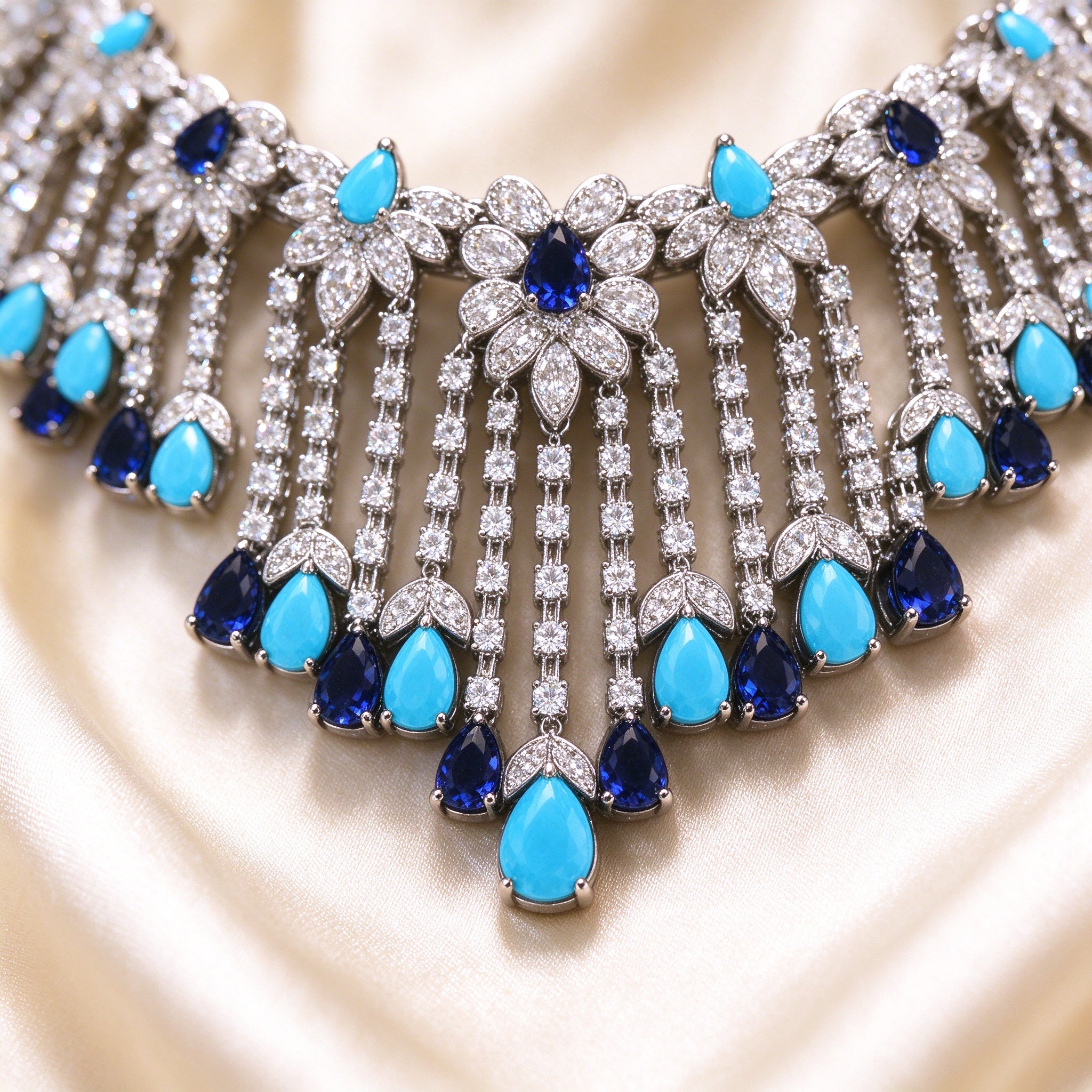 Macro detail of pavé CZ floral clusters and turquoise-navy pear-shaped drops on cream silk