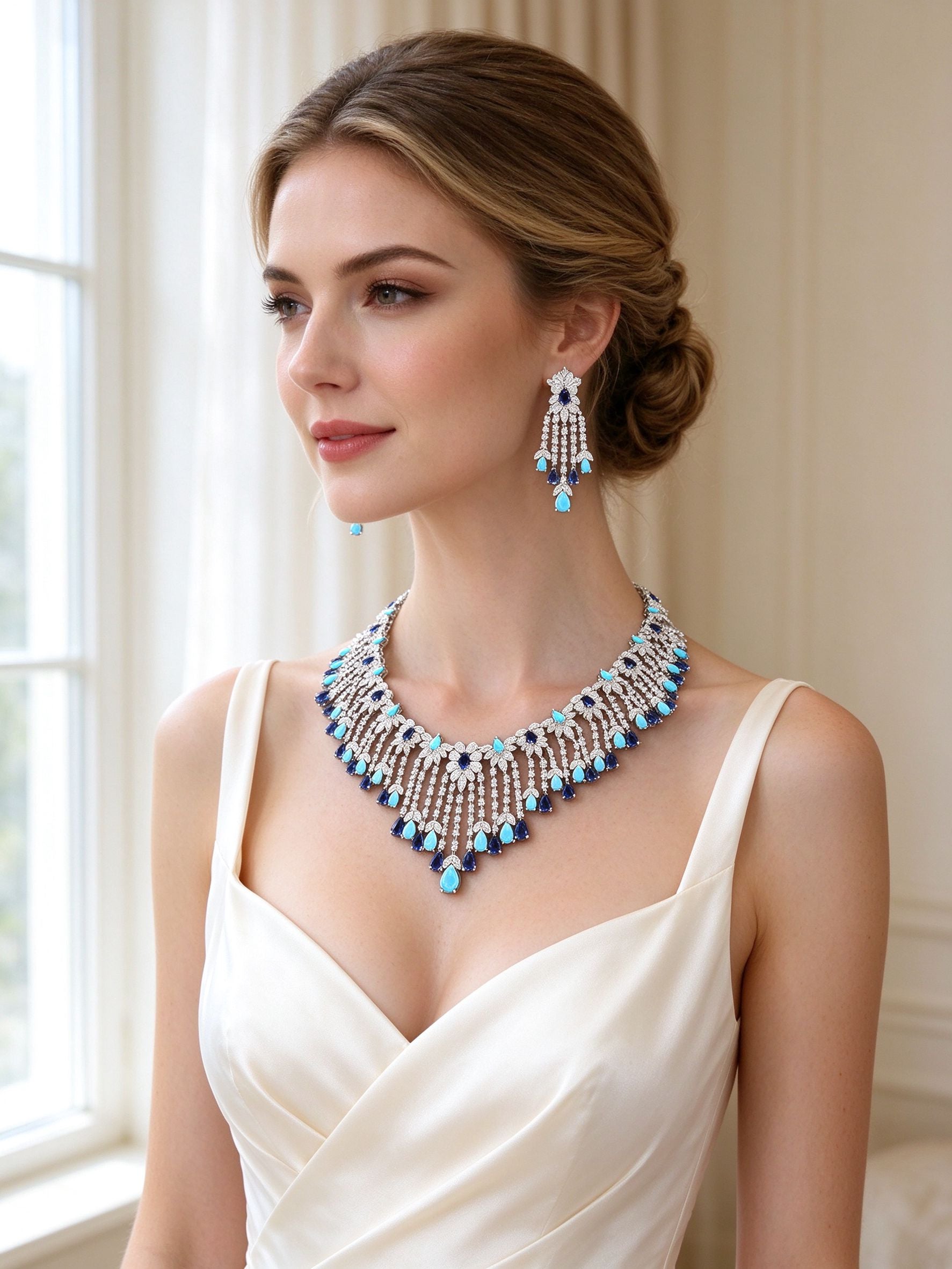 Bridal model wearing The Celestine Bridal Parure fringe bib necklace and chandelier earrings in ivory gown