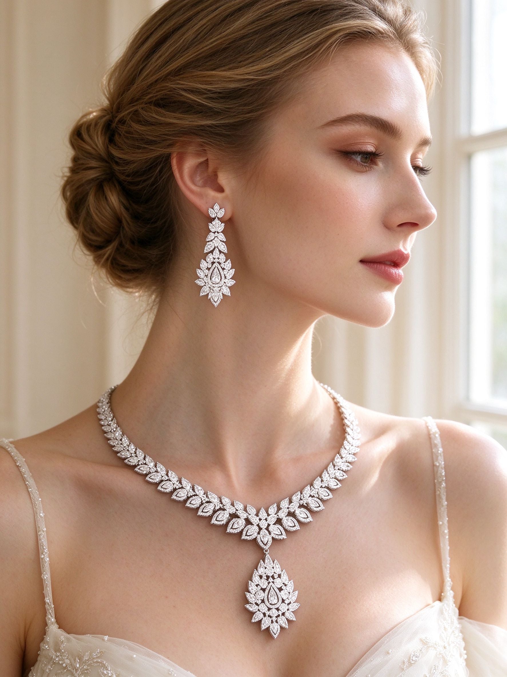 Close-up of tiered marquise CZ chandelier earrings and statement necklace