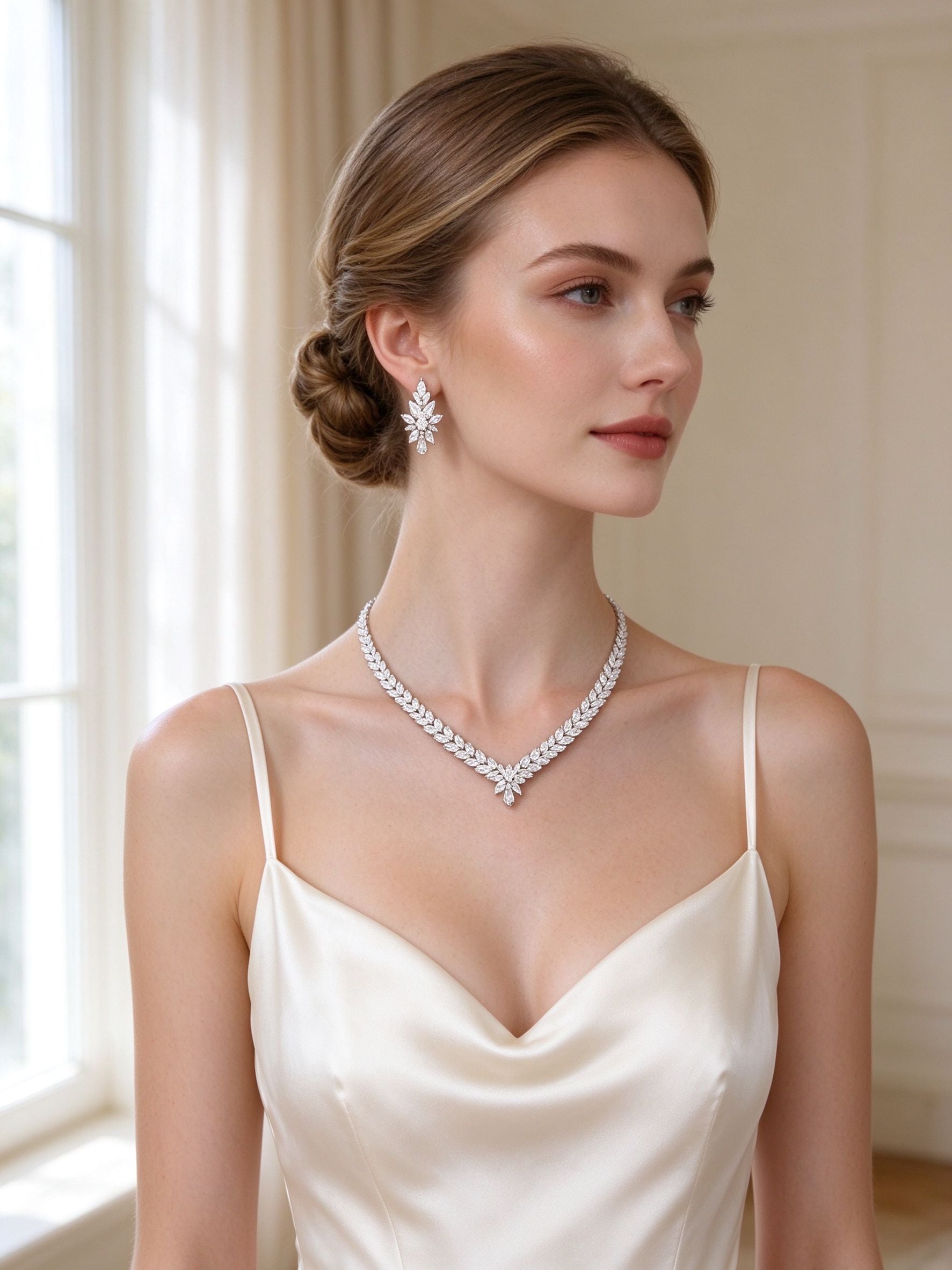 Western bride in ivory silk slip dress wearing The Coronet Bridal Set marquise-CZ V-collar necklace and drop earrings in soft window light