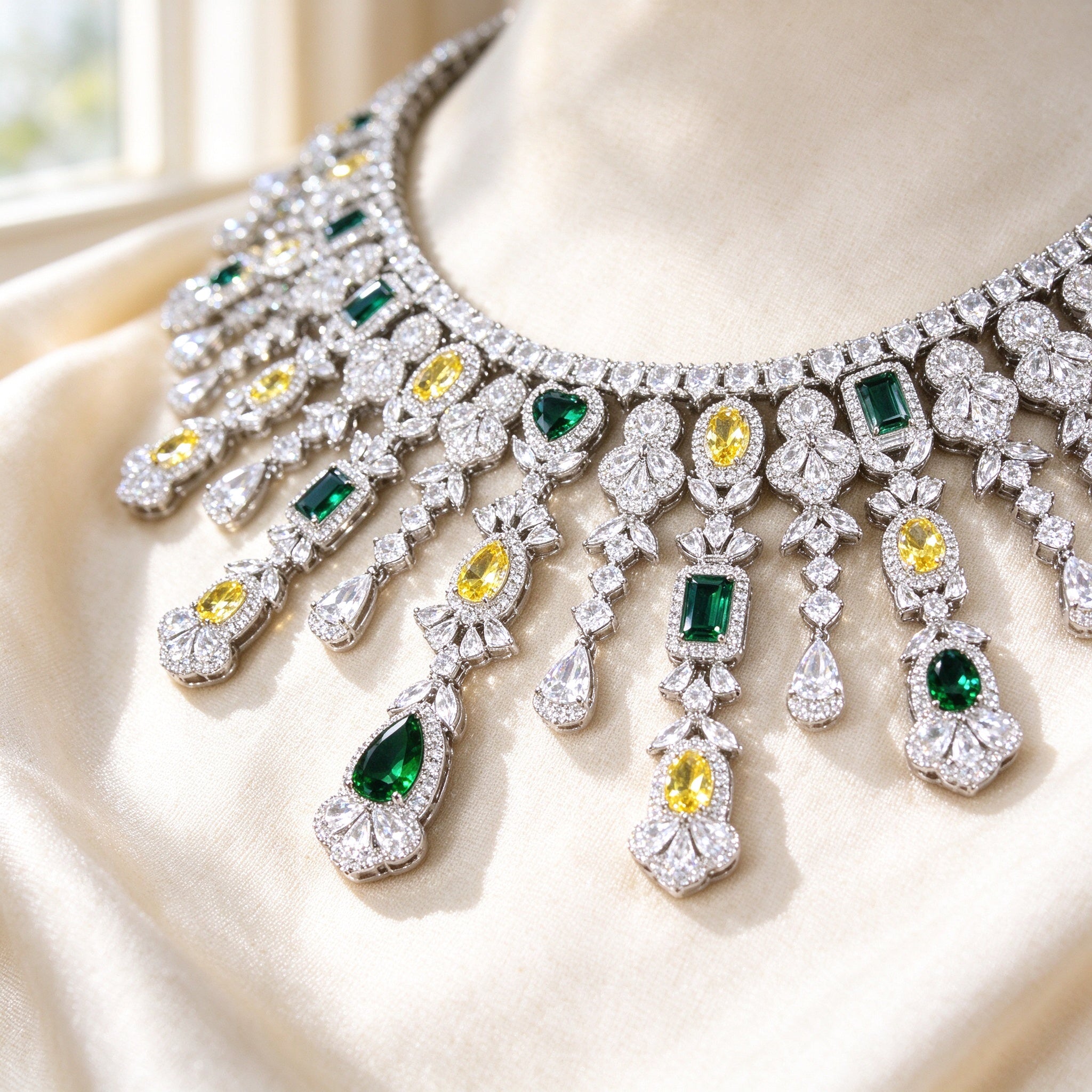 Macro detail of The Dahlia Crystal Parure collar necklace showing CZ halos around colored center stones