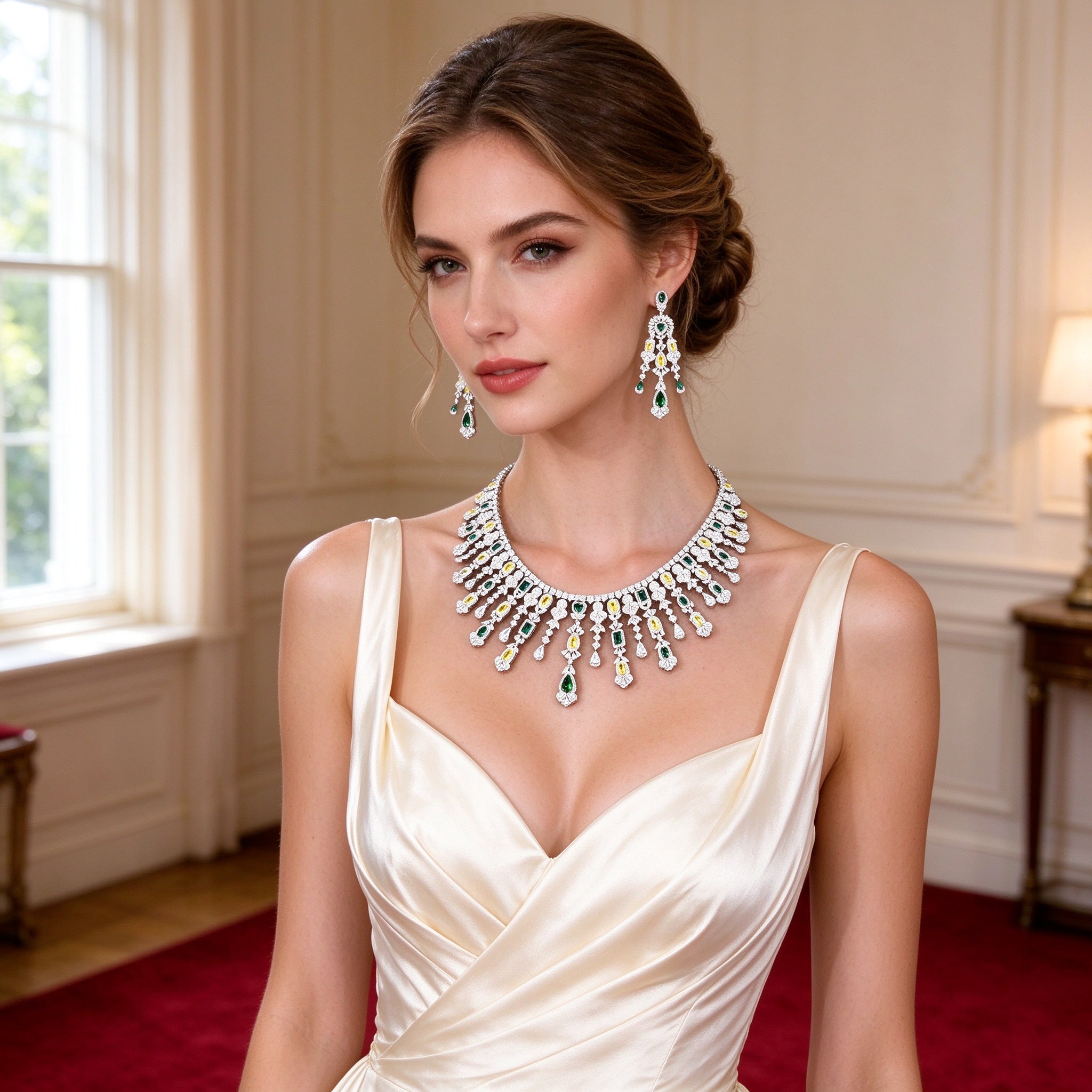 Evening bride wearing The Dahlia Crystal Parure statement collar necklace and chandelier earrings with an ivory silk gown
