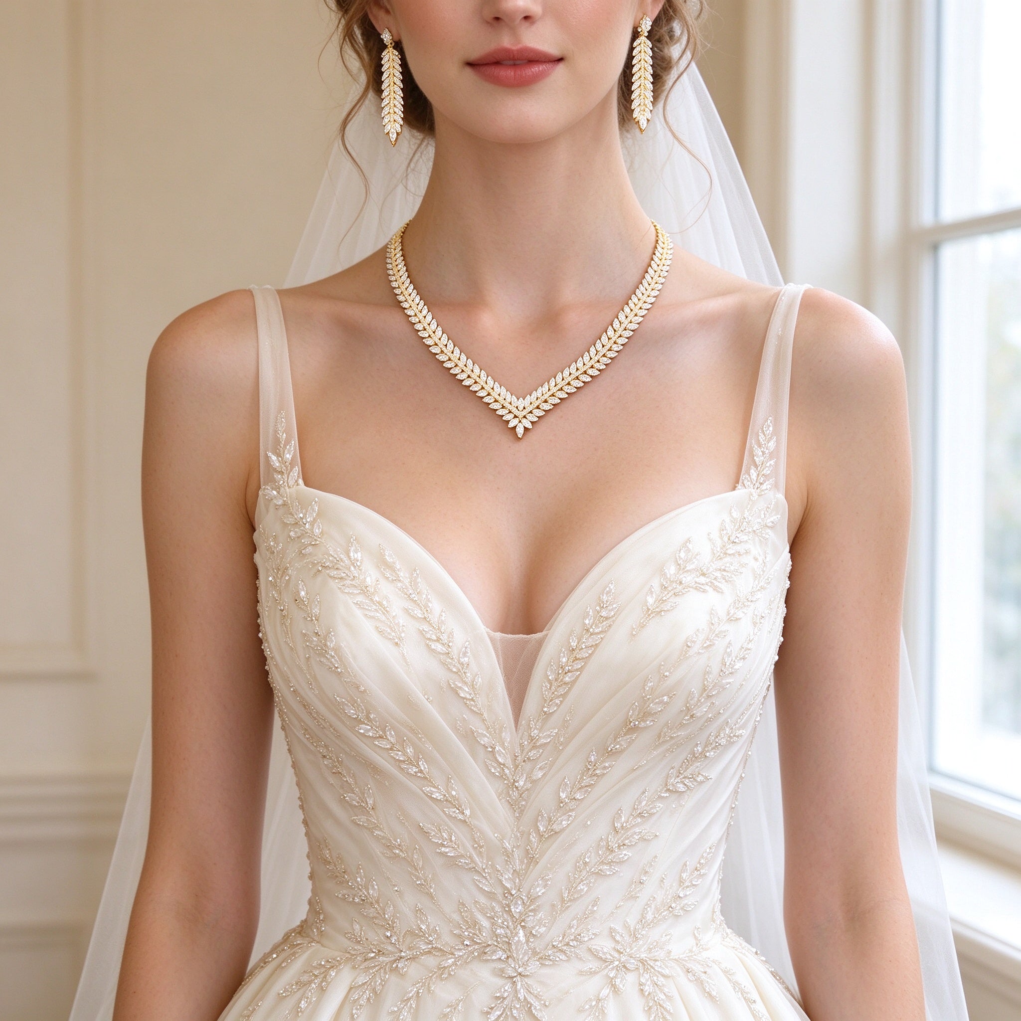 Western bride wearing The Daybreak Wedding Suite V-chevron marquise laurel necklace and long tapered leaf drop earrings in soft window light