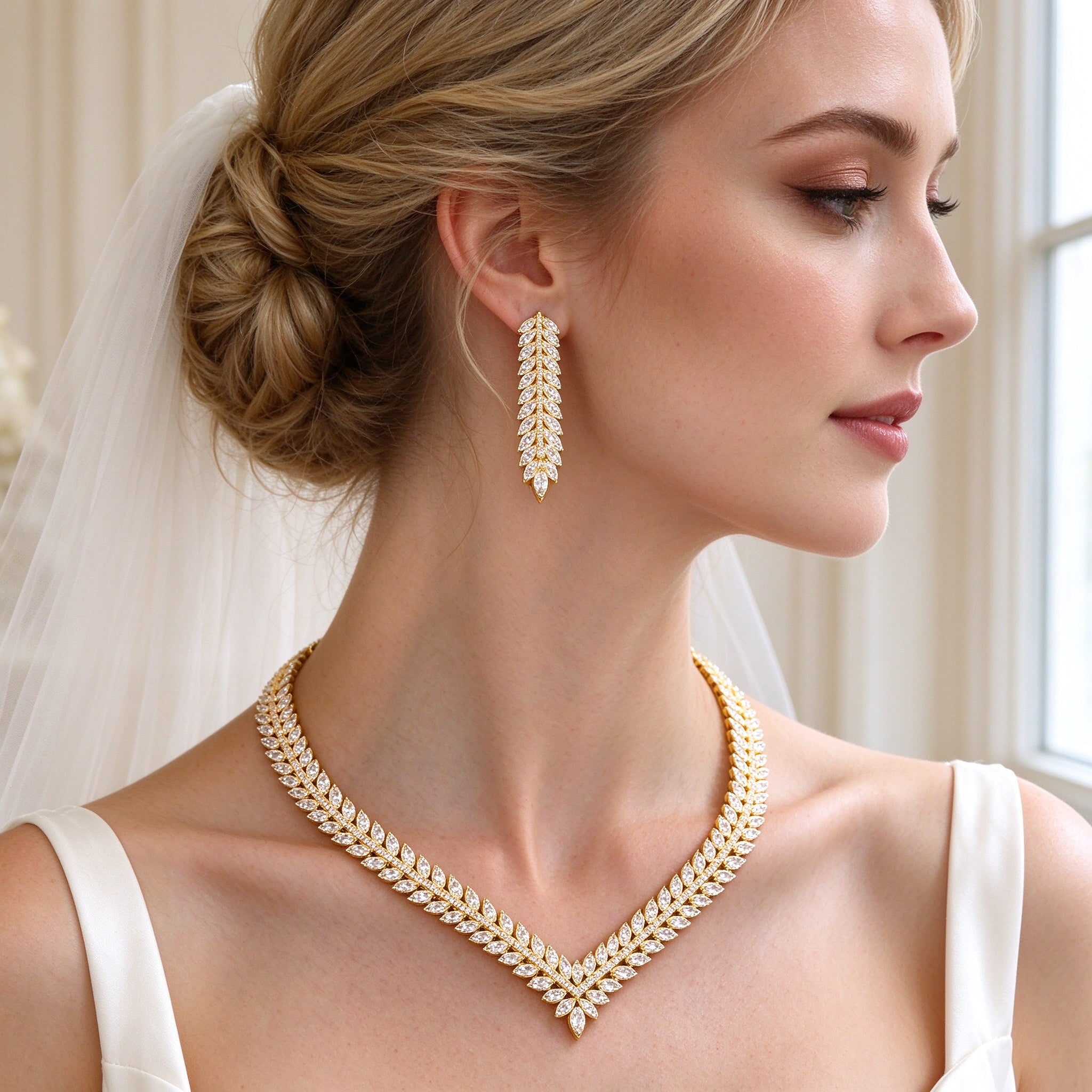 Close-up side profile of a bride's ear and neck wearing The Daybreak Wedding Suite long marquise-leaf drop earring and V-neckline