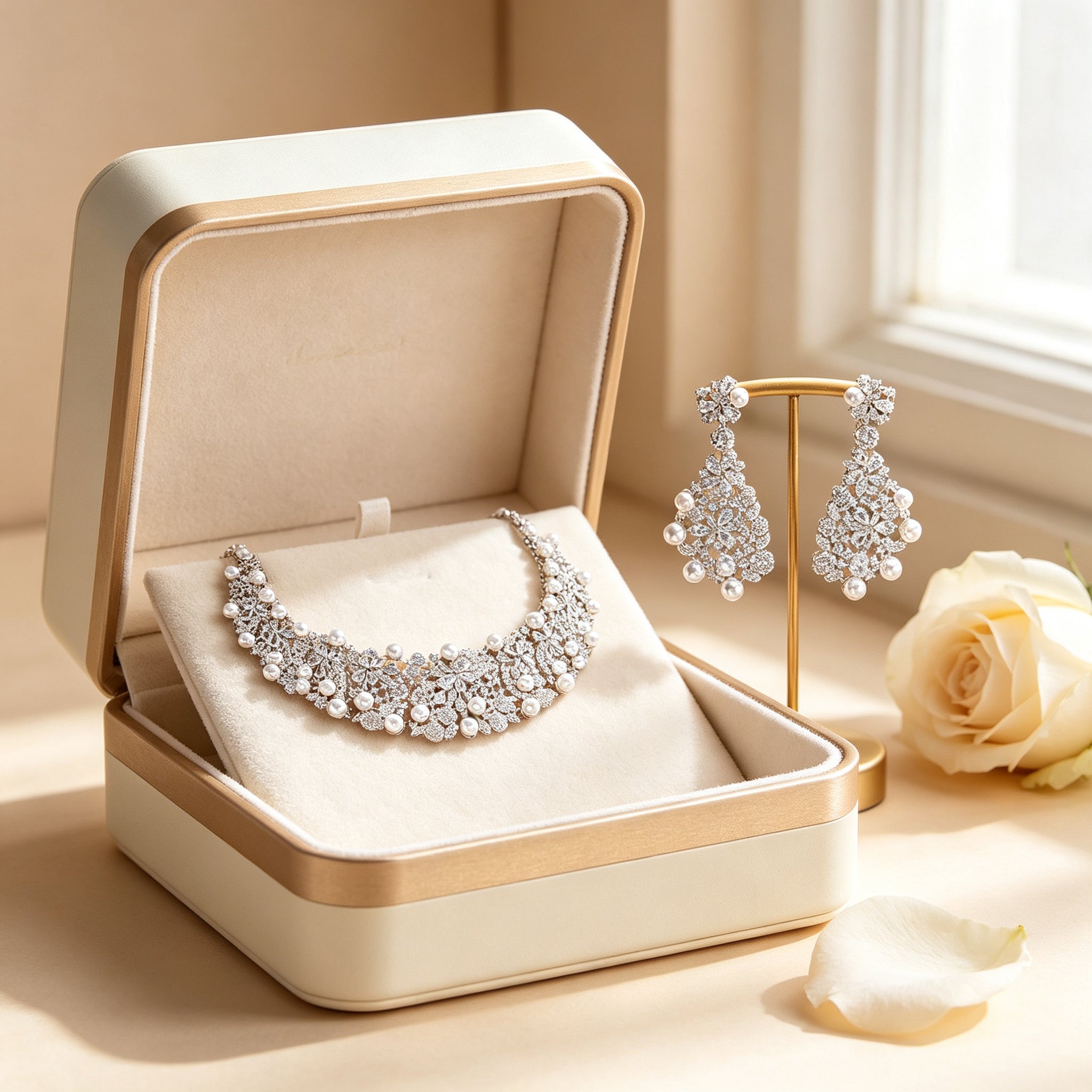 The Eclipse Wedding Suite presented in a cream and gold jewelry gift box