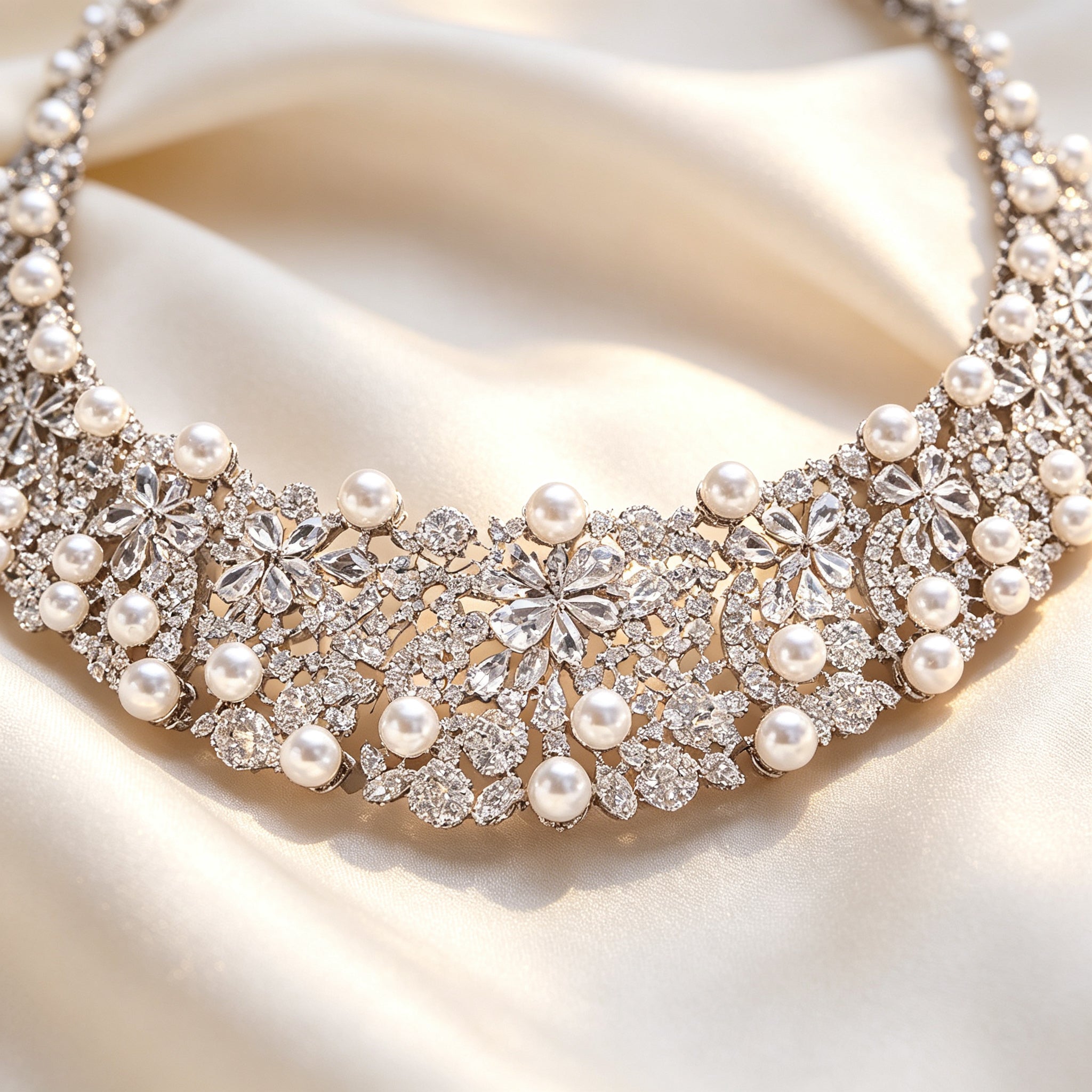 Macro detail of cubic zirconia pavé and pearl setting on The Eclipse necklace