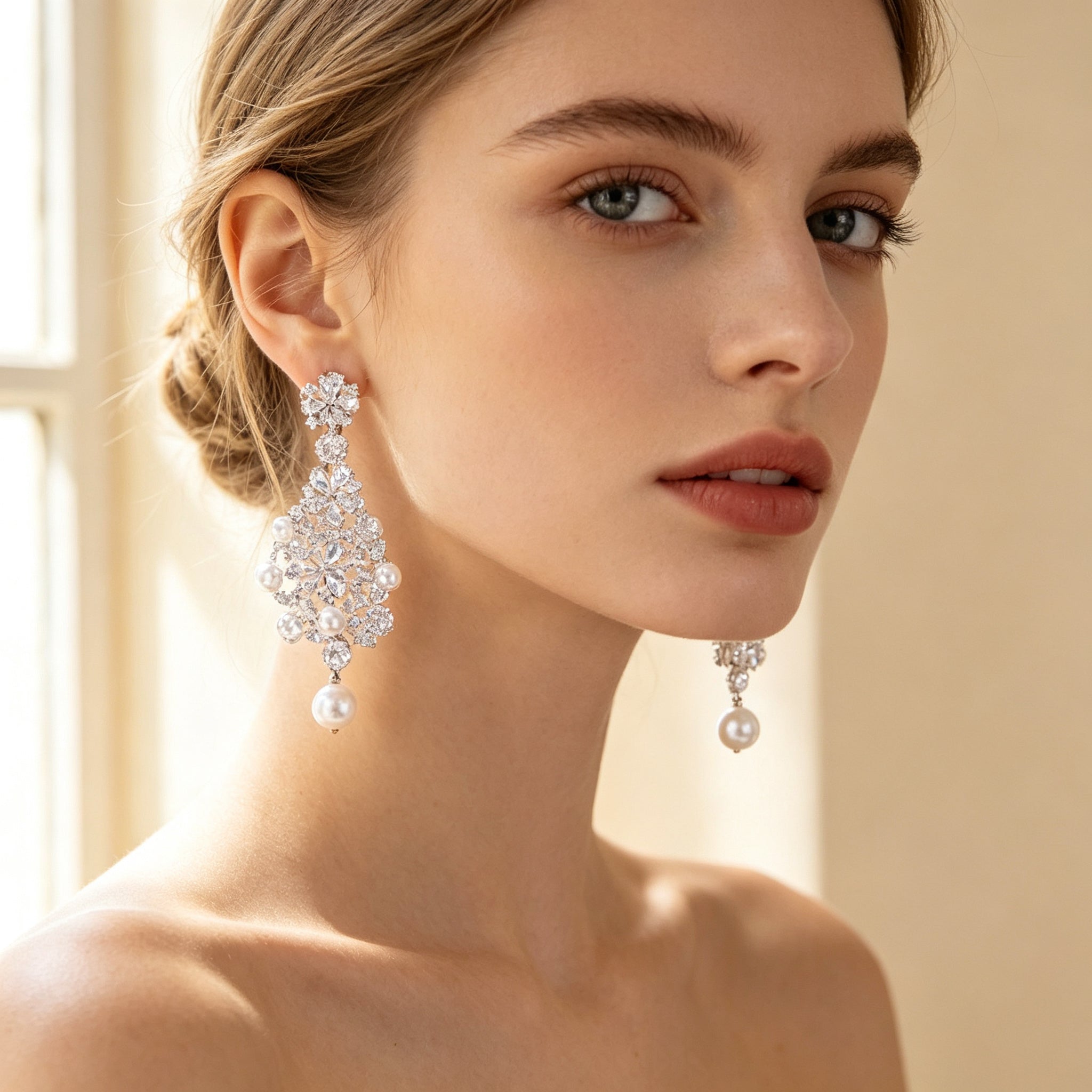 Close-up of chandelier CZ and pearl drop earrings on a bridal model