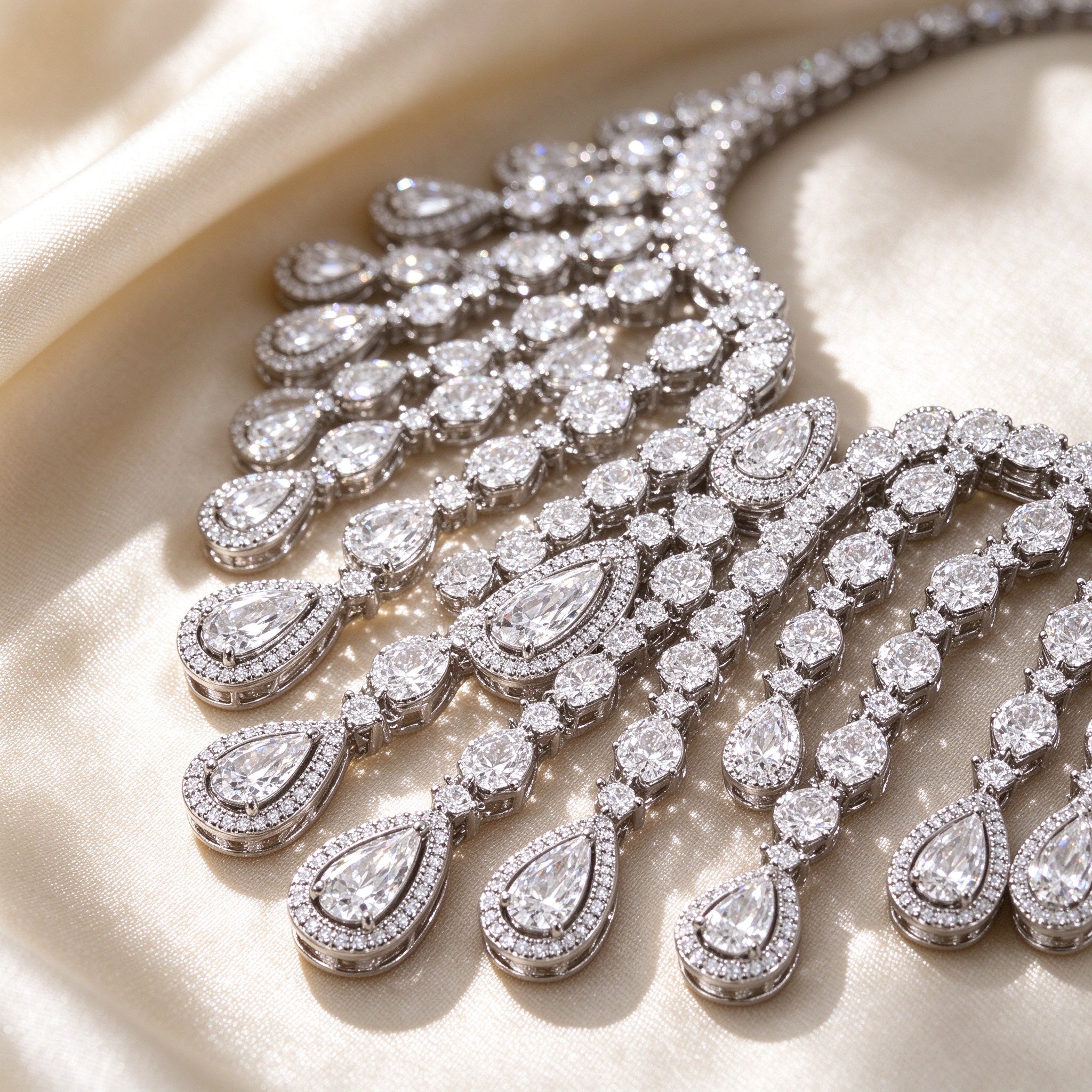 Macro detail of pave-set pear-shaped cubic zirconia stones on silk fabric