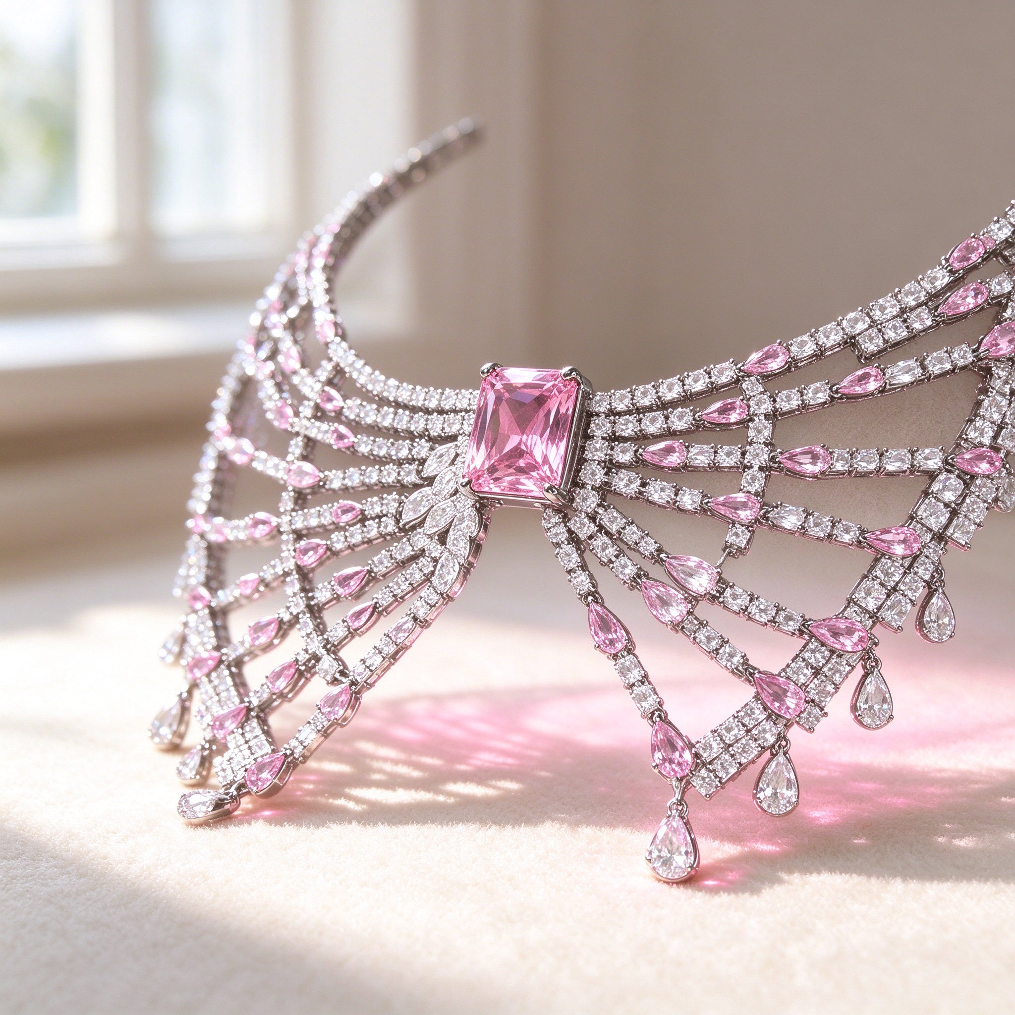 Macro detail of The Equinox Crystal Parure pink emerald-cut center with radiating clear CZ fan