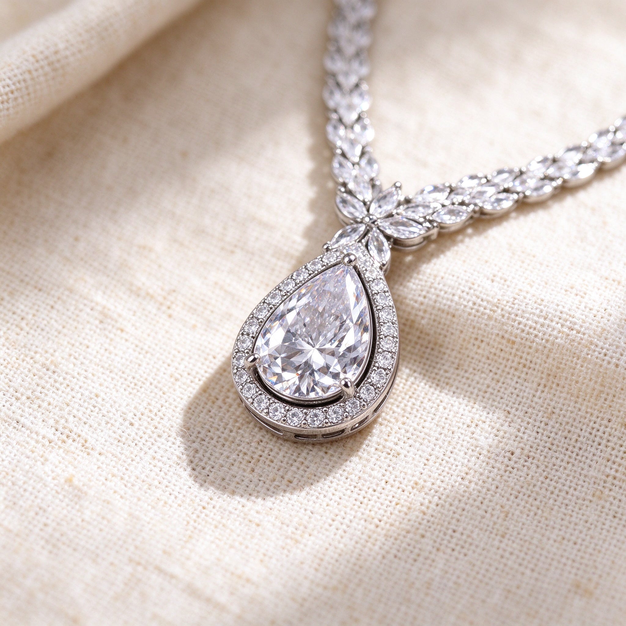 Macro of pear-cut cubic zirconia teardrop pendant detail