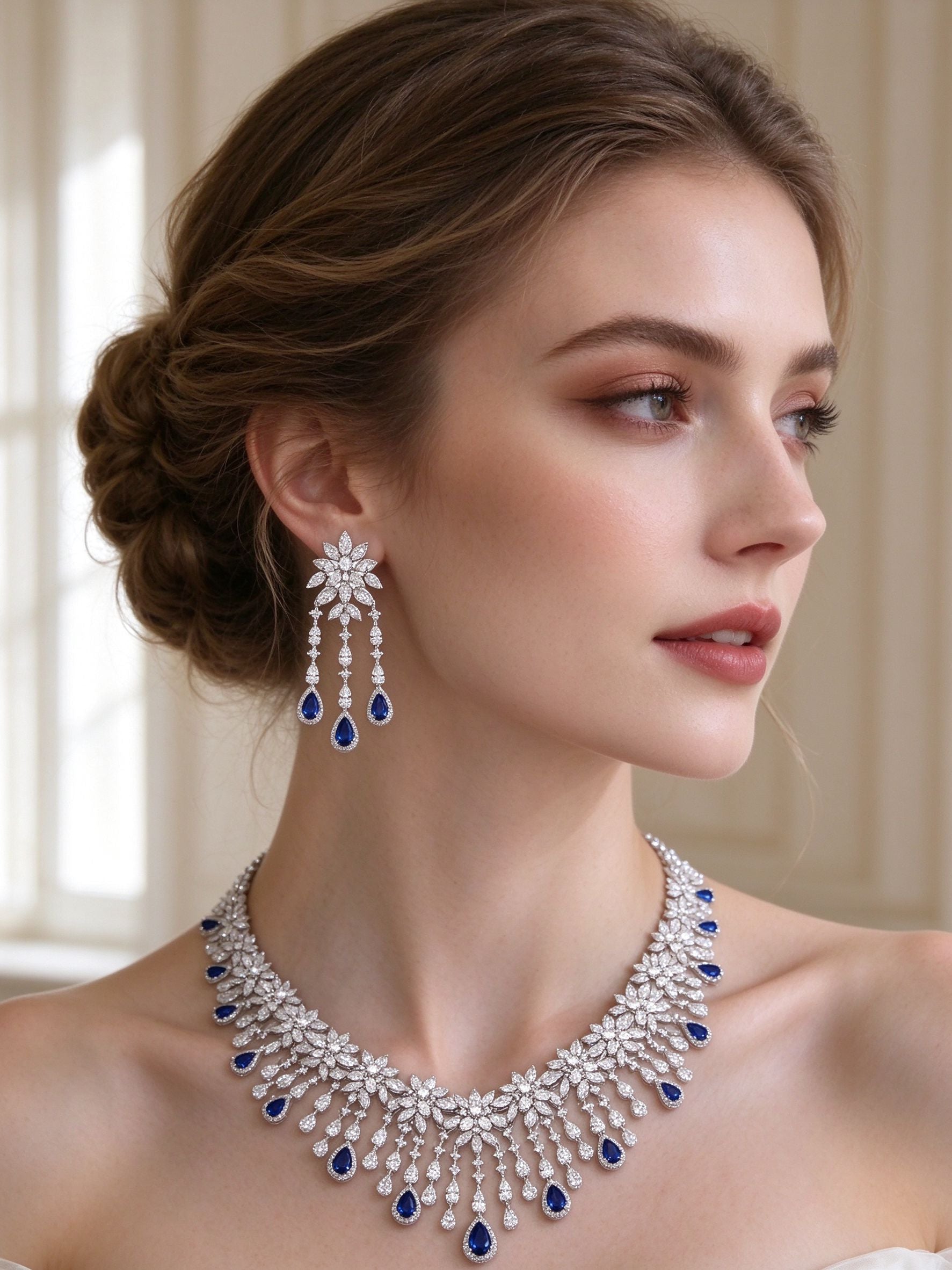 The Finley Bridal Parure – side close-up of the pavé chandelier earrings and bib necklace at the collarbone