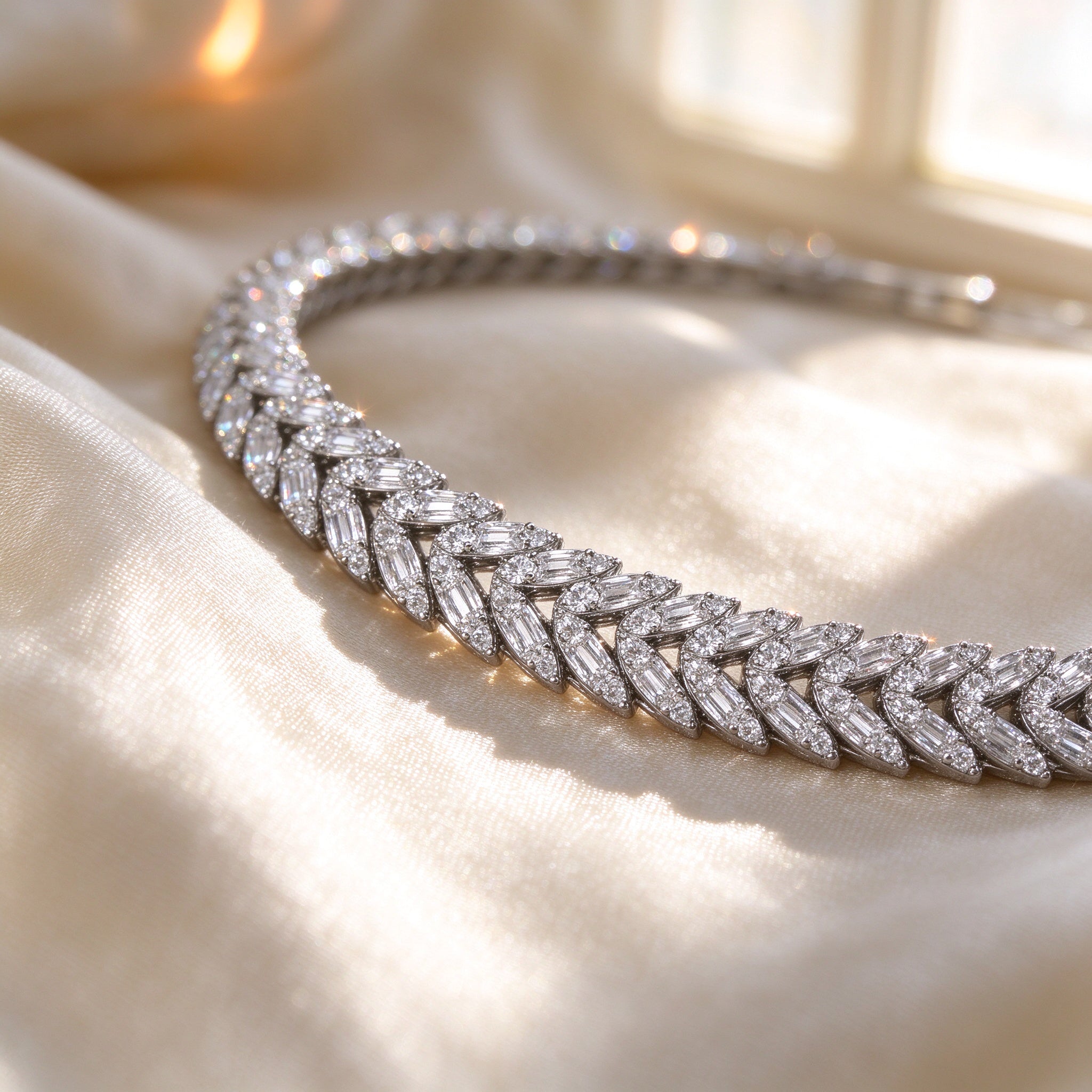 Macro detail of interlocking marquise-cut cubic zirconia laurel leaves