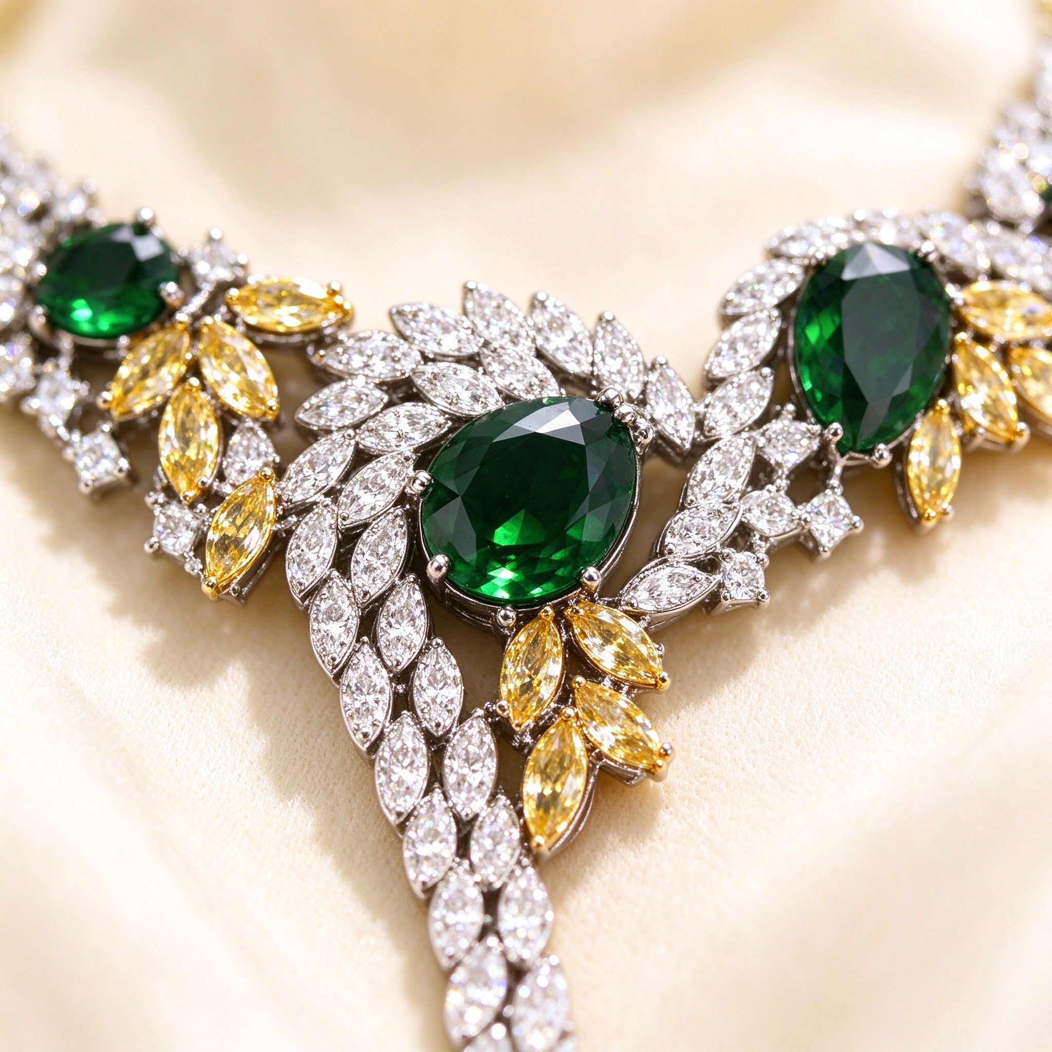 Macro close-up of an emerald green oval cubic zirconia surrounded by clear marquise CZ and gold-tone leaf accents