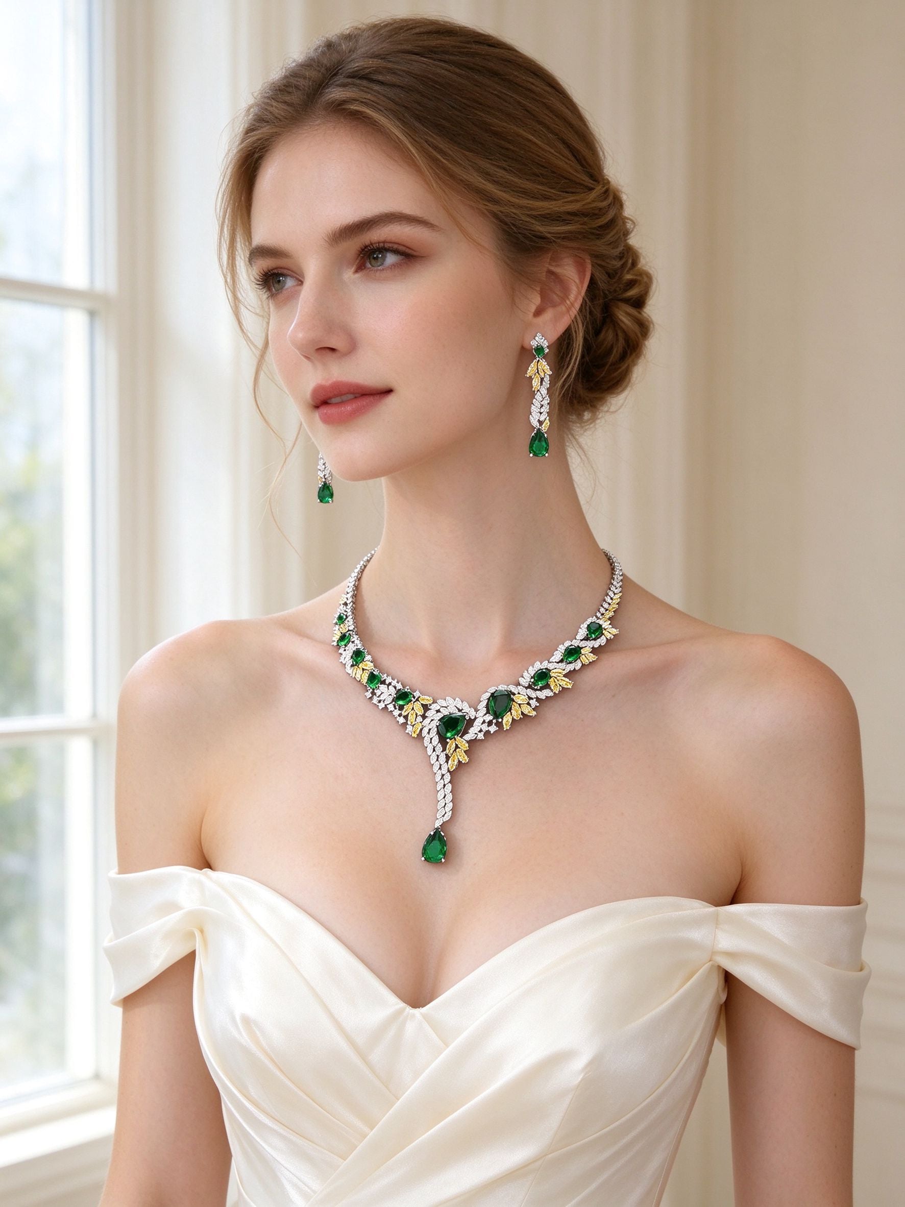 Bride in an ivory off-shoulder silk gown wearing The Hadley Crystal Parure Y-drop necklace and emerald drop earrings