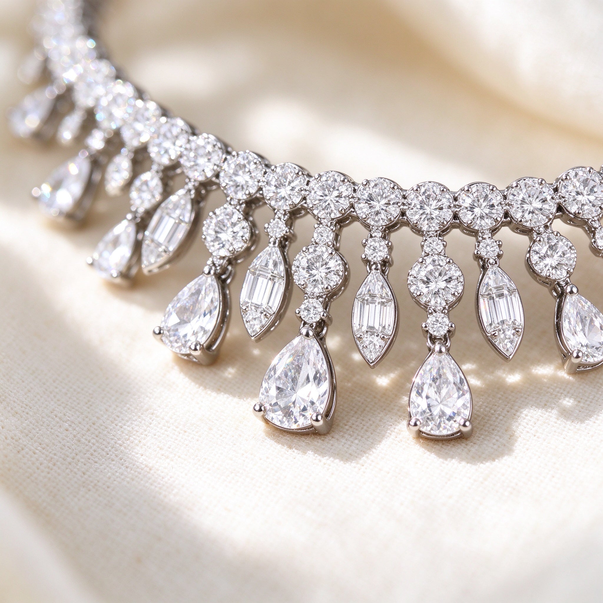 The Harper Crystal Parure – macro of pavé CZ graduated fringe with pear and marquise drops