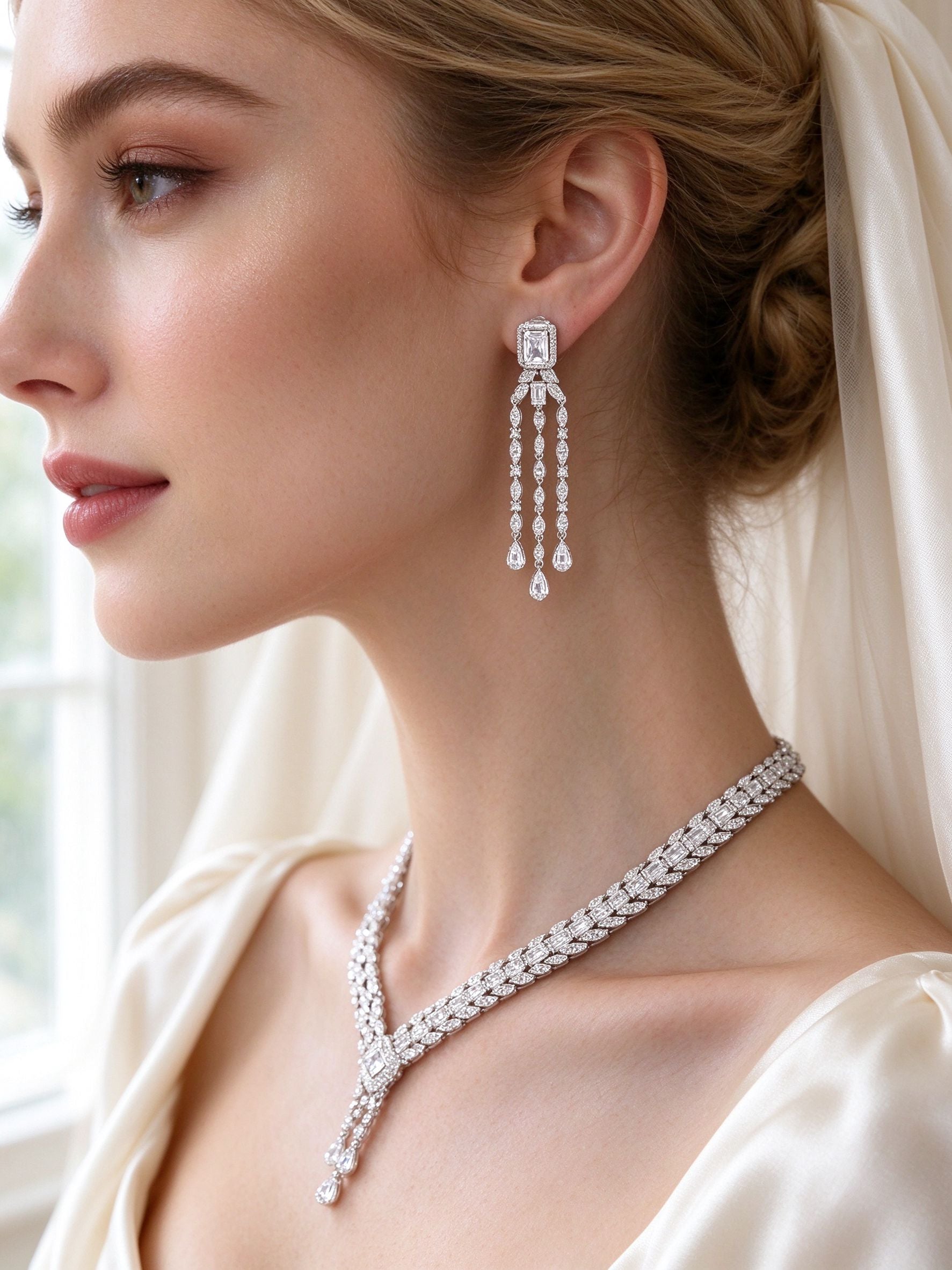 Close-up of bride's ear wearing The Harvest Bridal Parure long silver CZ chandelier earrings with teardrop drops