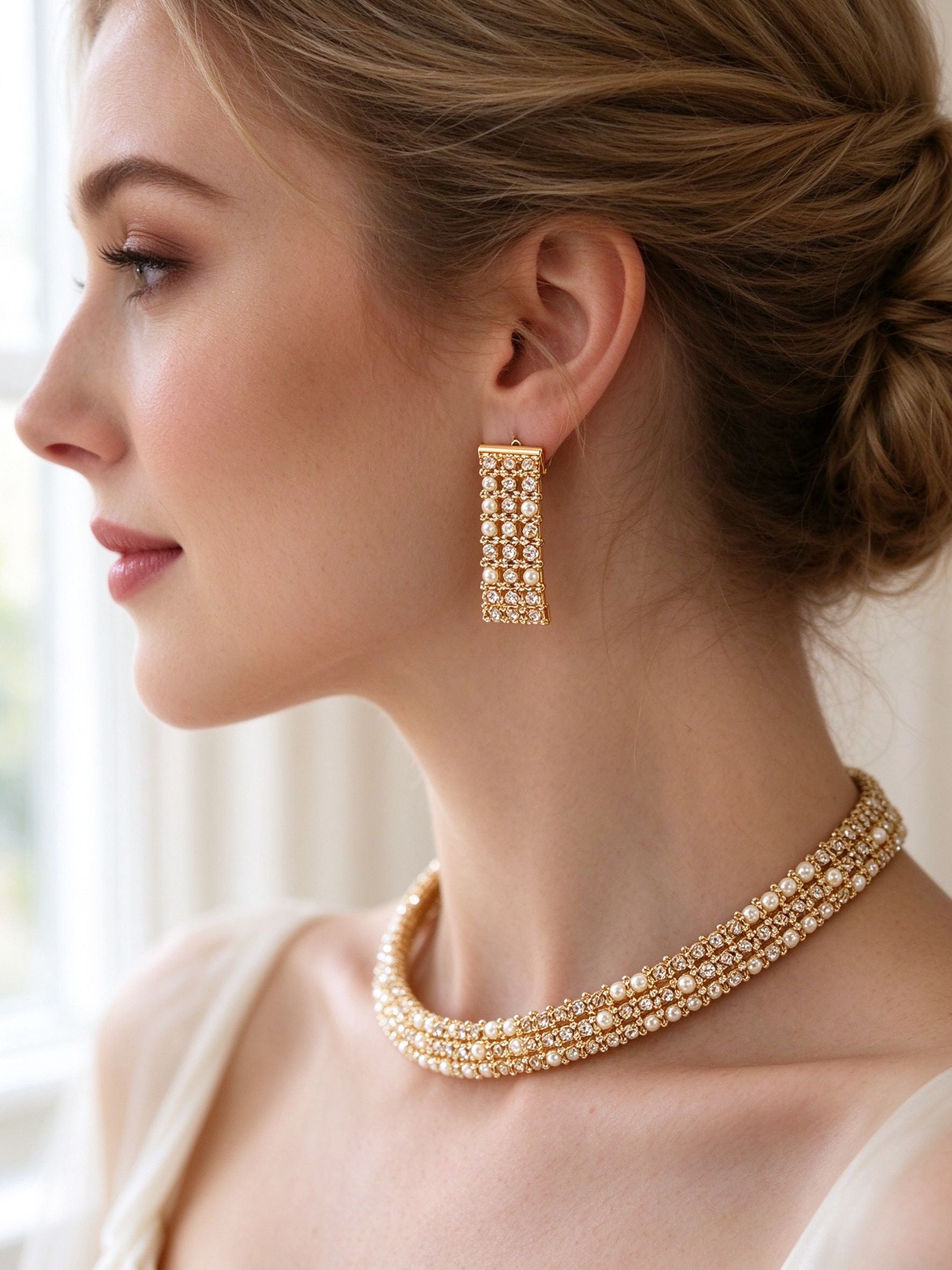 Side detail of The Isolde Bridal Set showing the rectangular bar earring and woven gold collar at the collarbone