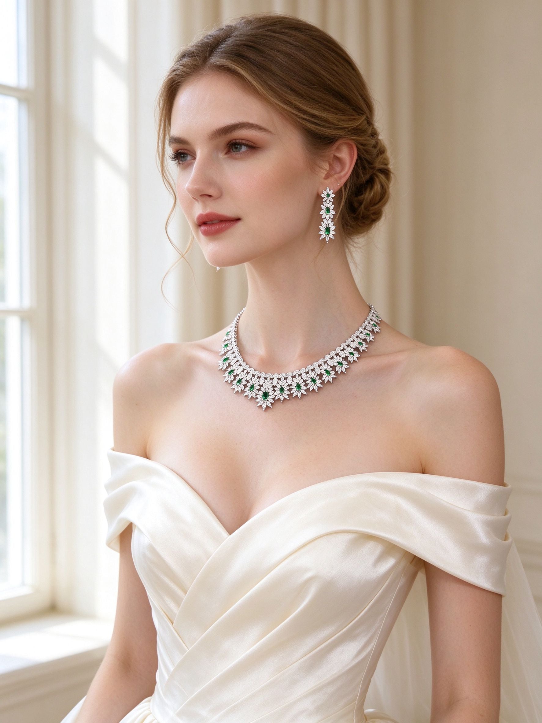 Bride in an ivory off-shoulder silk gown wearing The Kennedy Crystal Parure floral collar necklace and linear drop earrings
