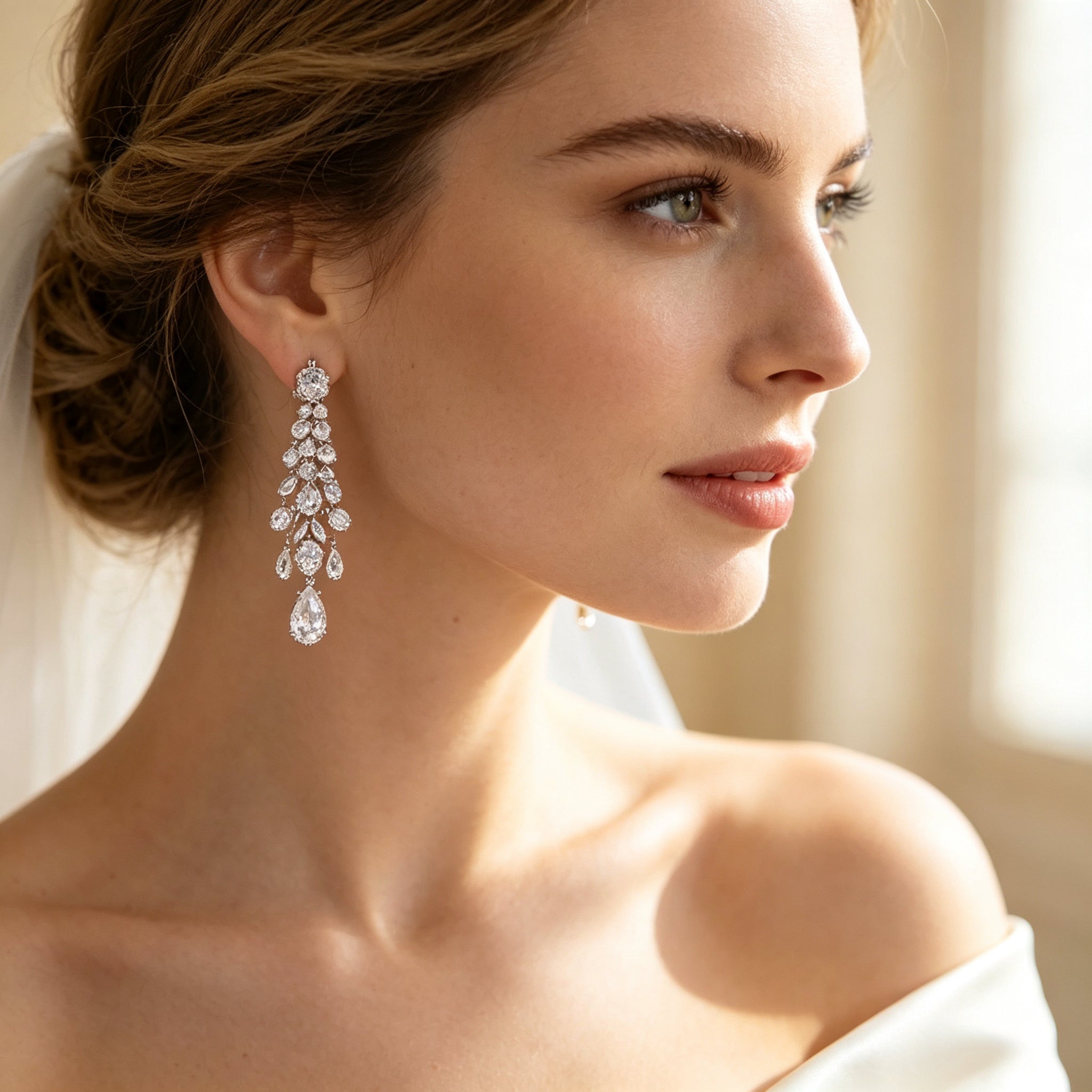 Close-up of linear chandelier CZ drop earrings worn by a bride