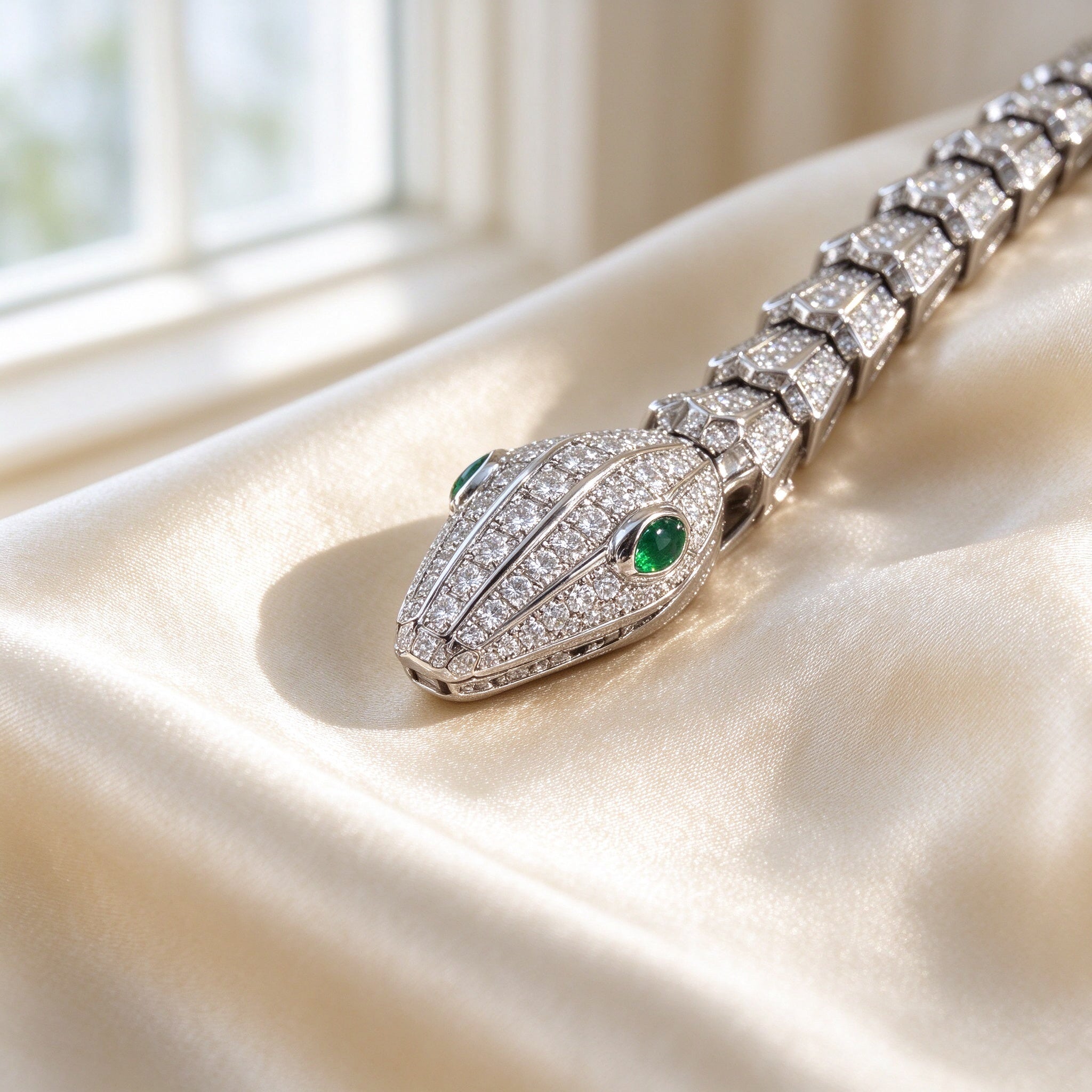 Macro detail of The Lumina Crystal Set pavé serpent head with green emerald-like eye on ivory silk