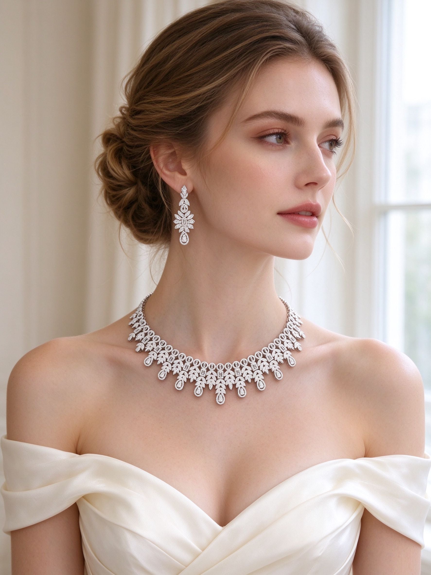 Bride in an ivory off-shoulder gown wearing The Lyra Crystal Parure openwork fringe collar and linear drop earrings