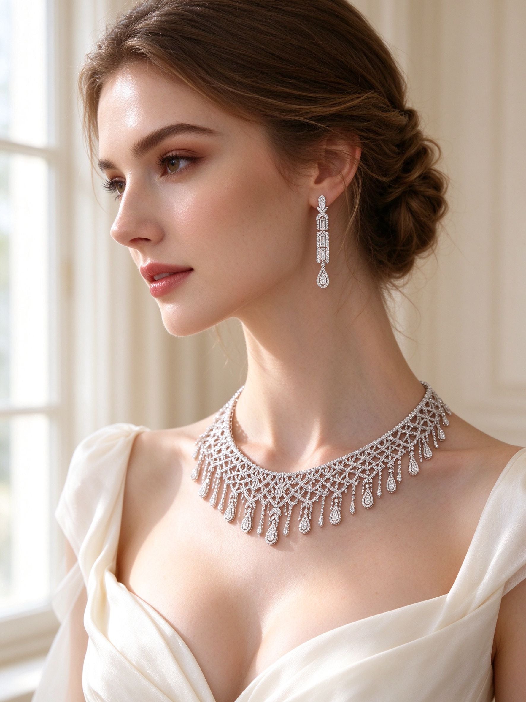 Side detail of The Lyra Crystal Parure showing the linear drop earring and openwork collar along the collarbone