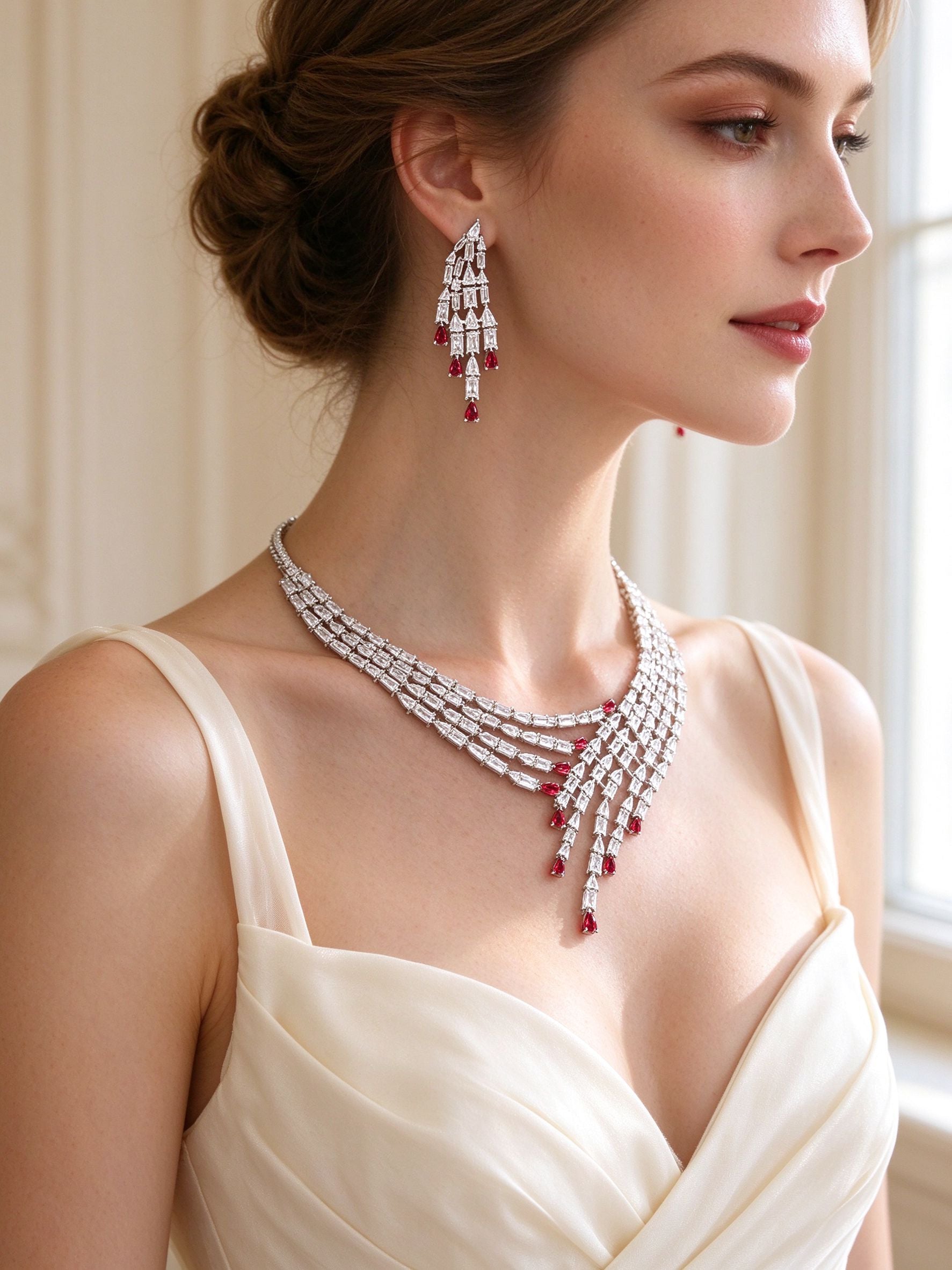 Side detail of The Maeve Bridal Parure showing the cascading chandelier earring and draped waterfall necklace along the collarbone