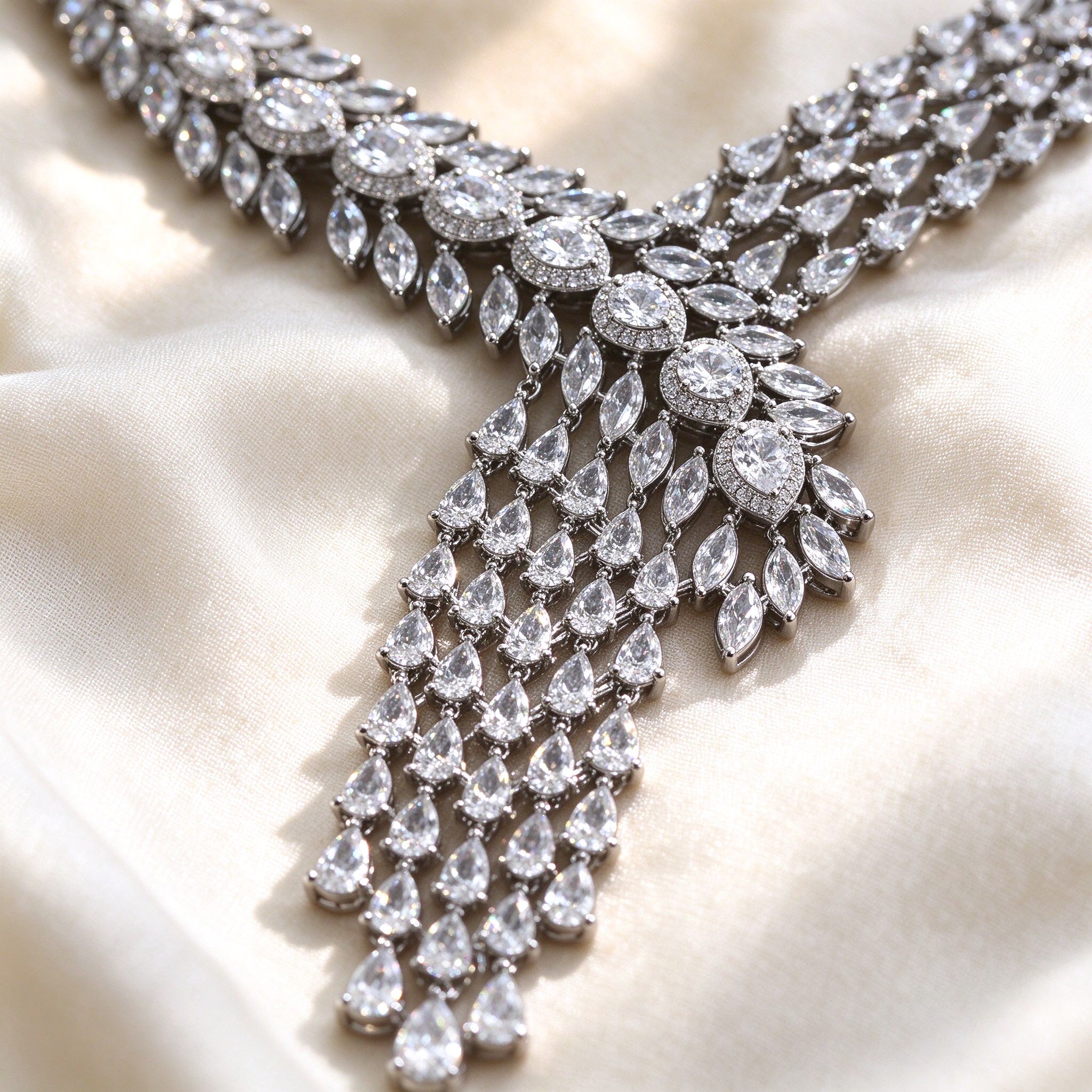 Macro detail of The Marigold Wedding Suite necklace showing pavé marquise and pear cubic zirconia