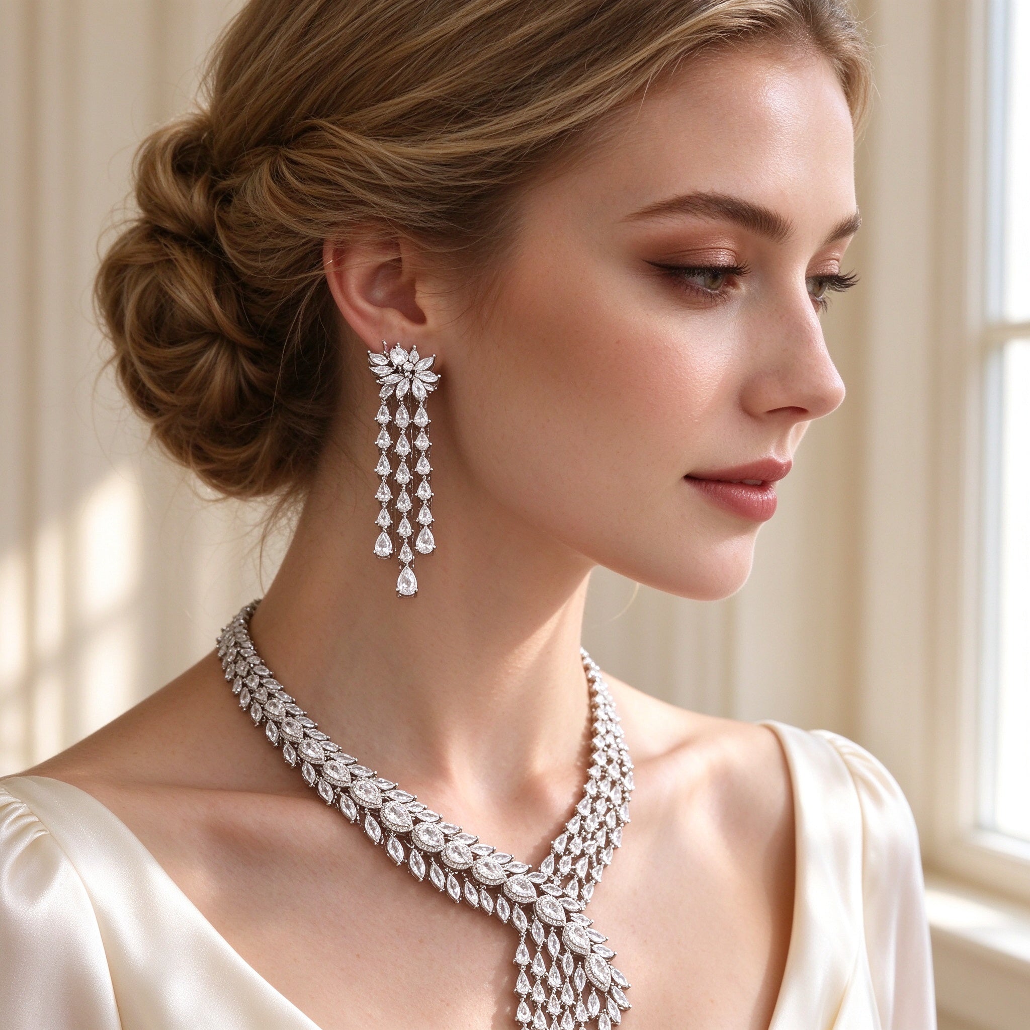 Close-up of The Marigold Wedding Suite linear chandelier drop earrings worn by a bride
