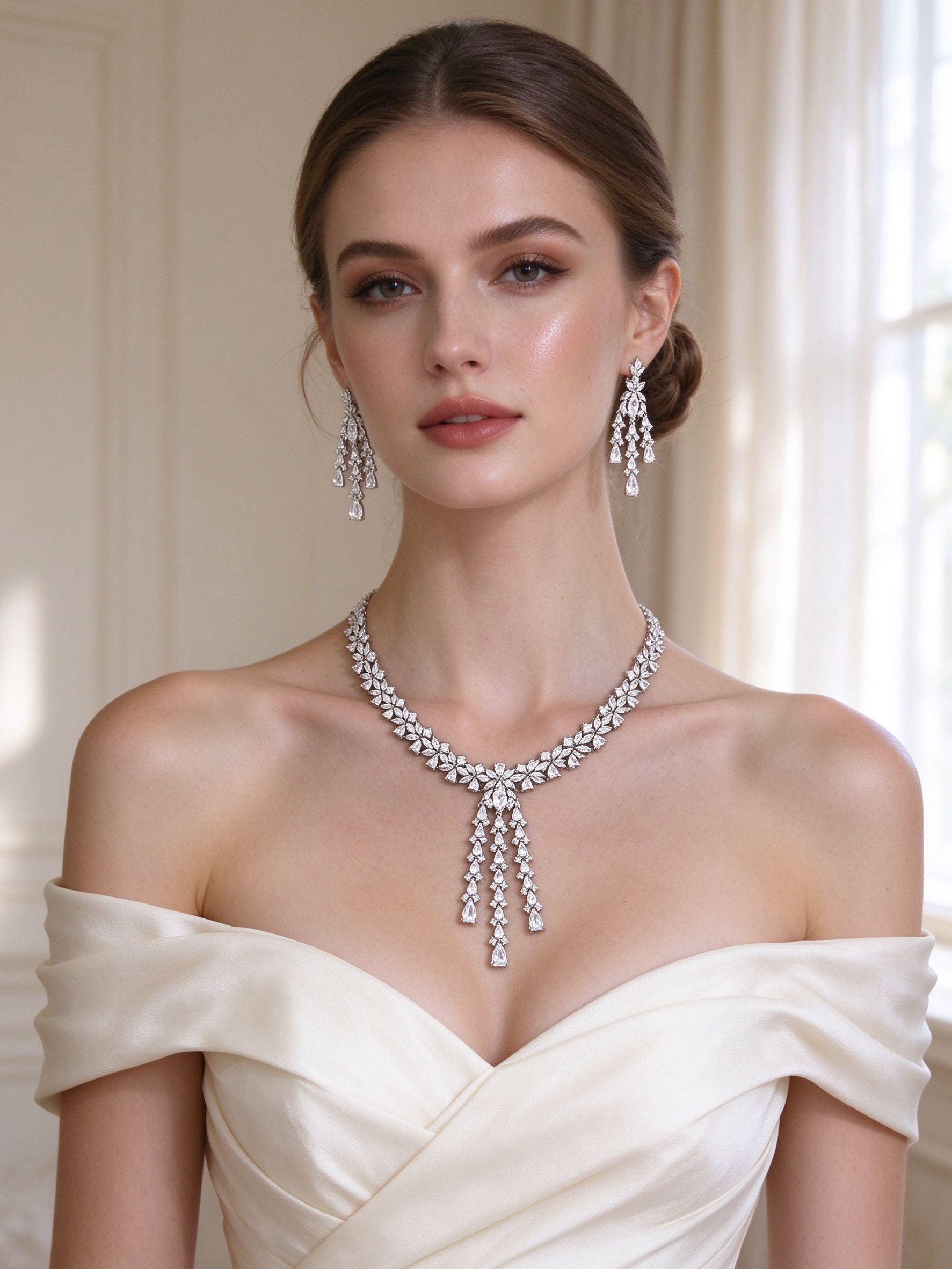 Bride wearing The Meadow Wedding Suite dramatic CZ lariat necklace and chandelier earrings