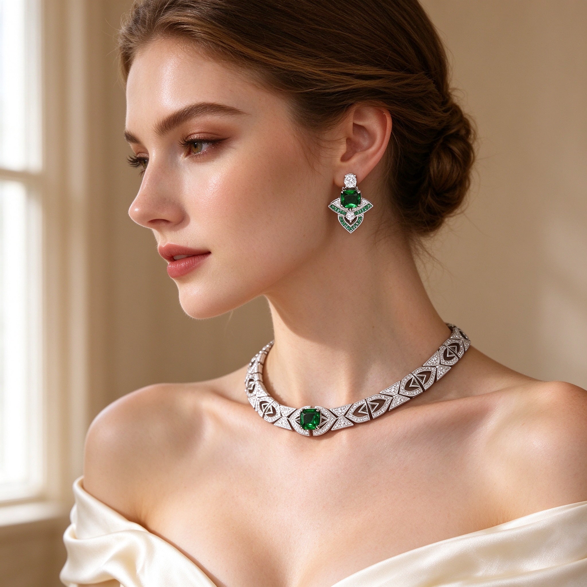Close-up of The Meteor Wedding Suite geometric earring and choker on bridal neckline