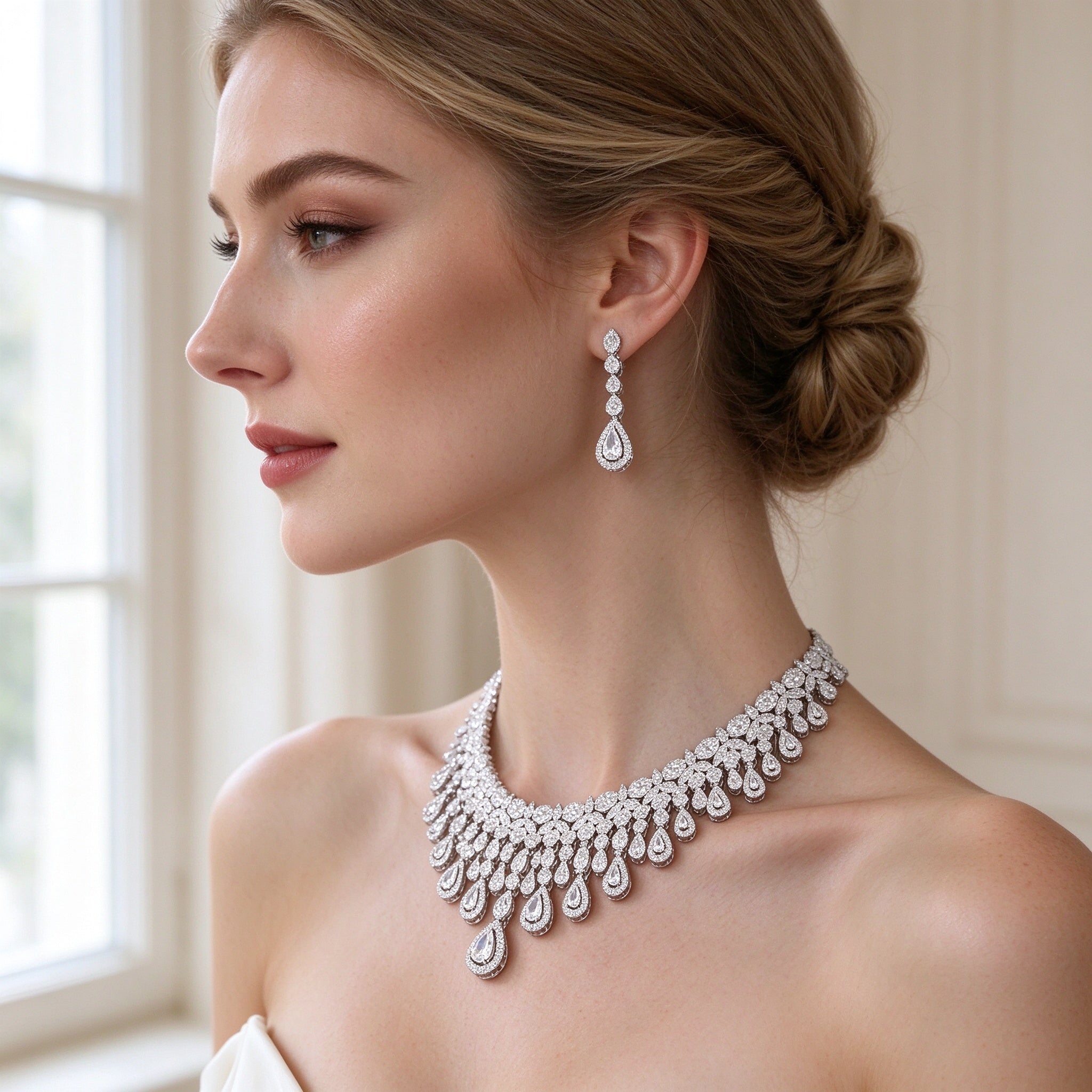 Close-up side profile of a bride's neck and ear wearing The Moonlight Bridal Set pavé fringe necklace and pear-teardrop drop earring