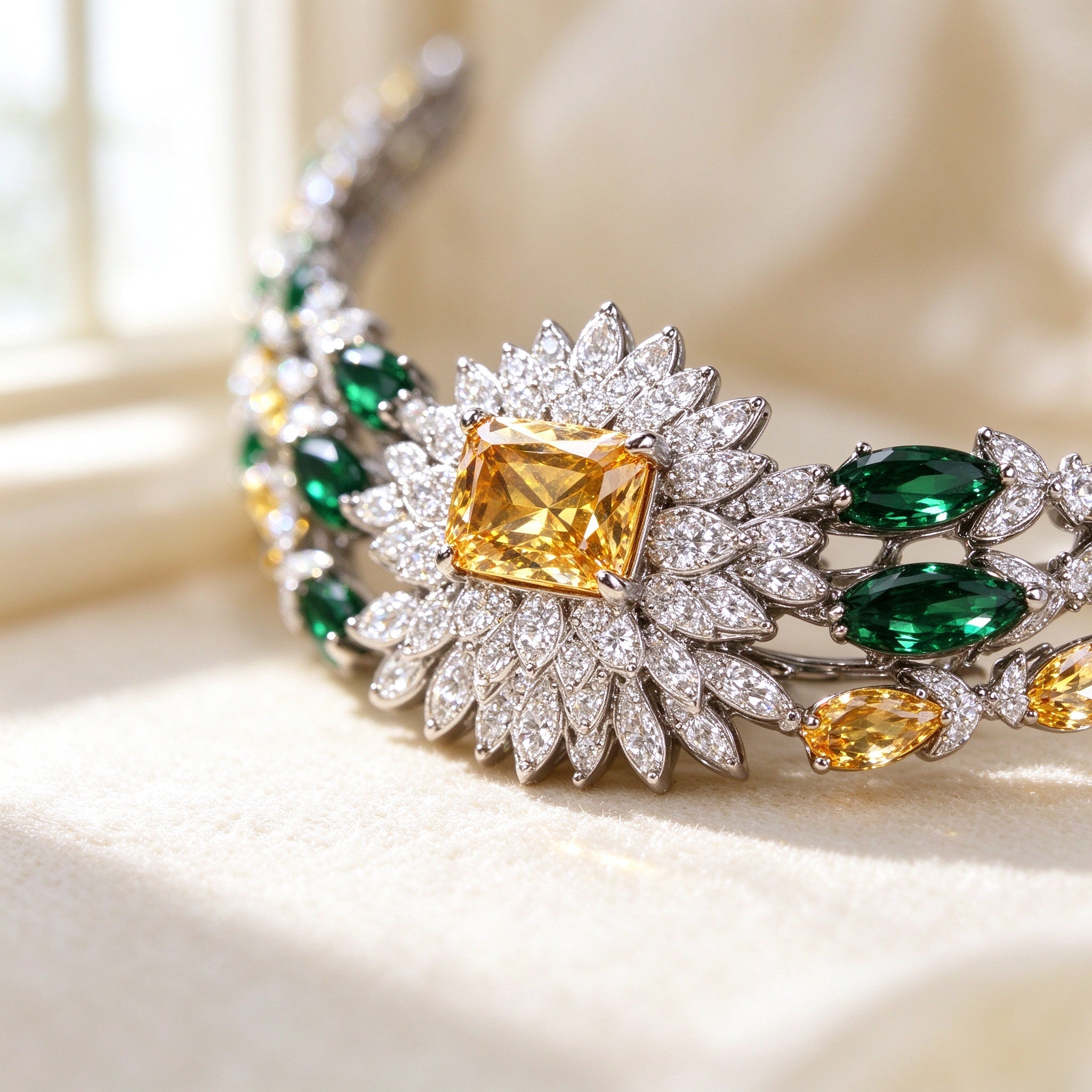The Morgan Bridal Set – macro of the central pavé sunburst halo around a golden cushion stone with emerald marquise drops