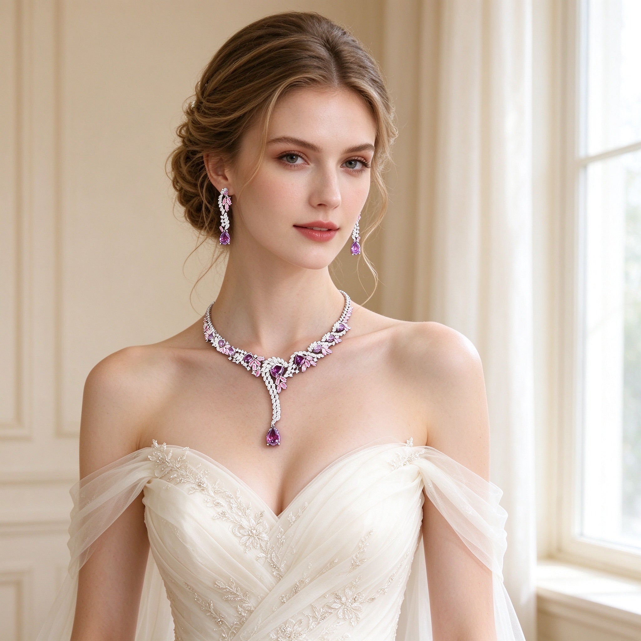 Bride in an ivory off-shoulder gown wearing The Nova pink-to-purple gradient CZ Y-necklace and tiered drop earrings