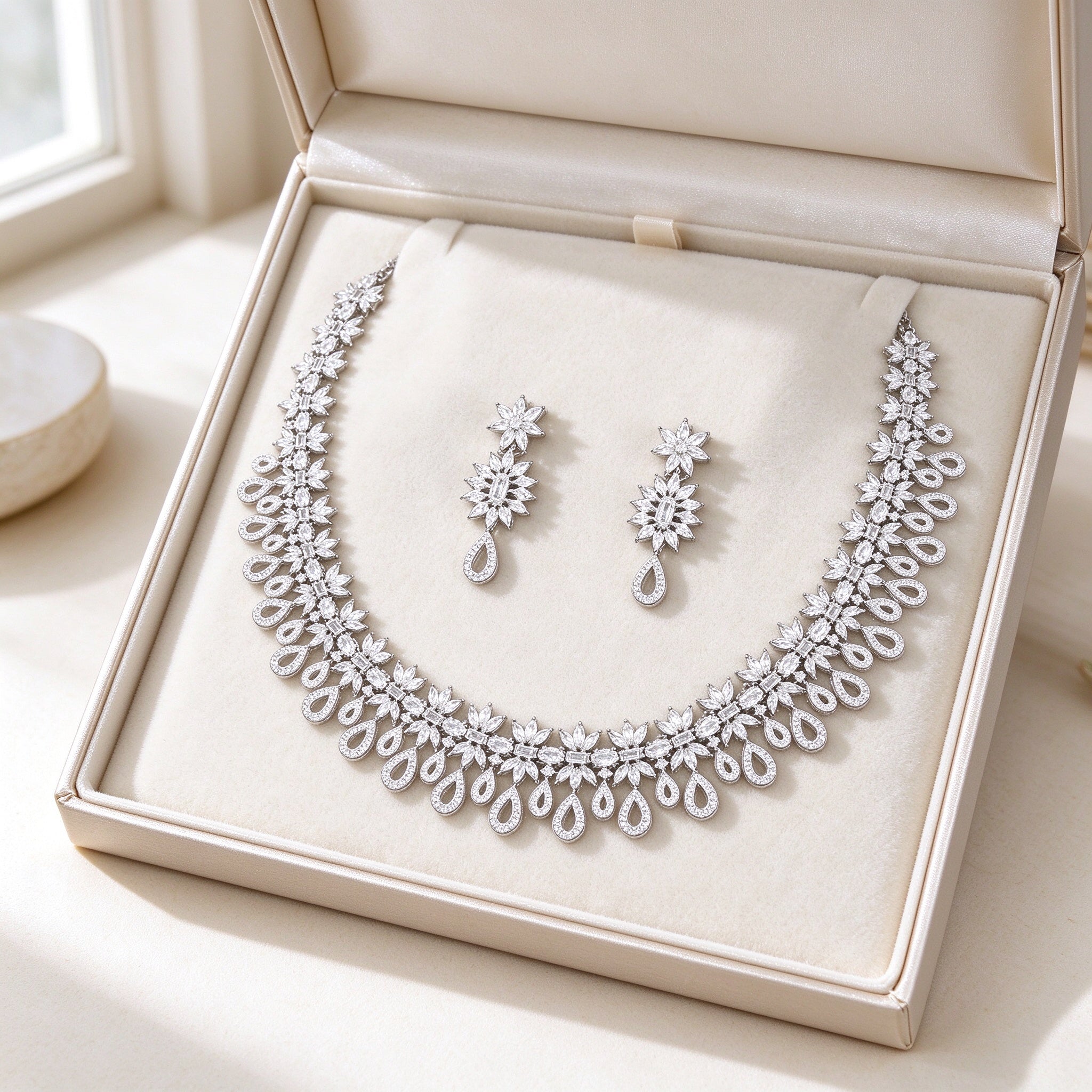 The Peak Bridal Parure presented in an ivory satin gift box