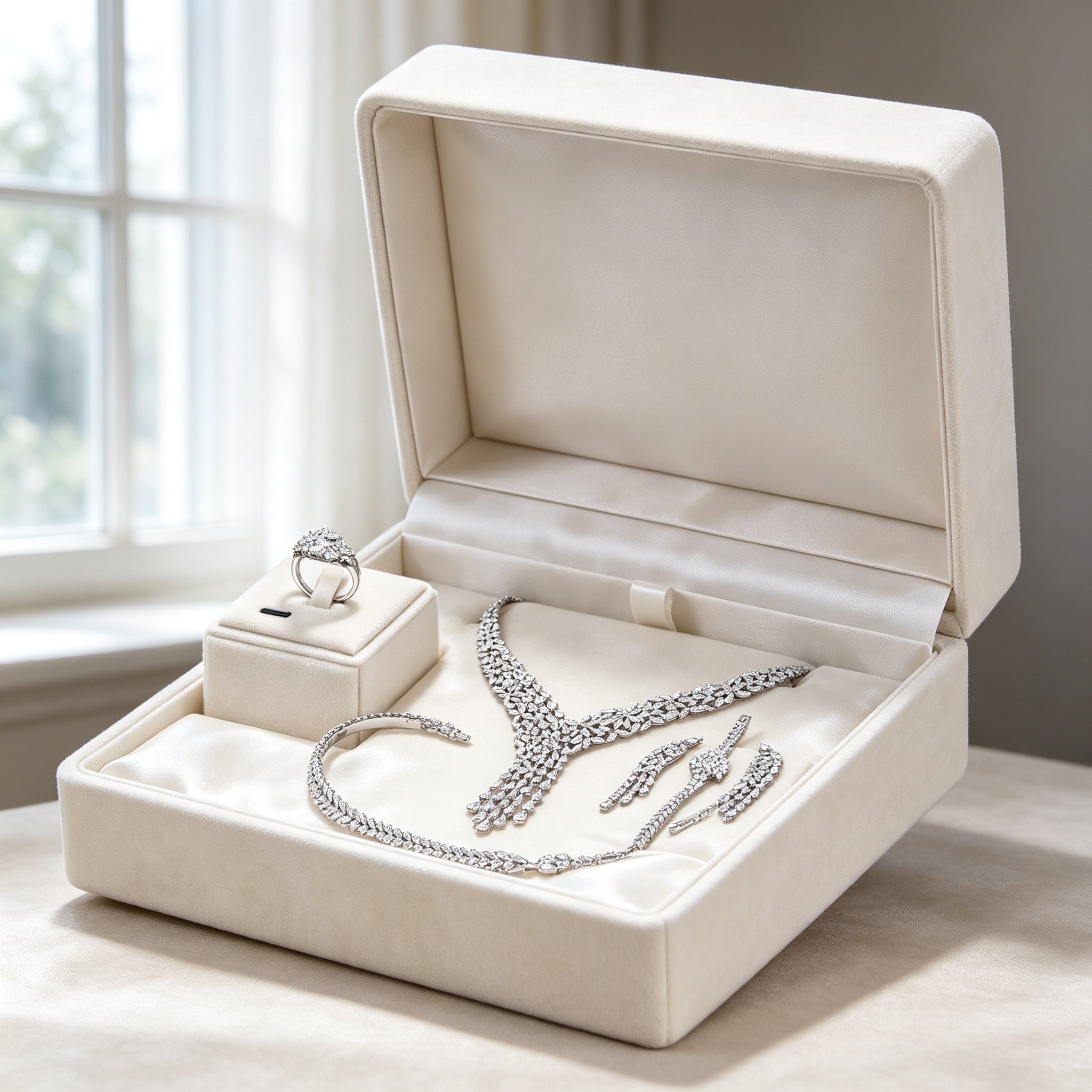 The Peony Bridal Set necklace and earrings presented in an ivory satin-lined gift box